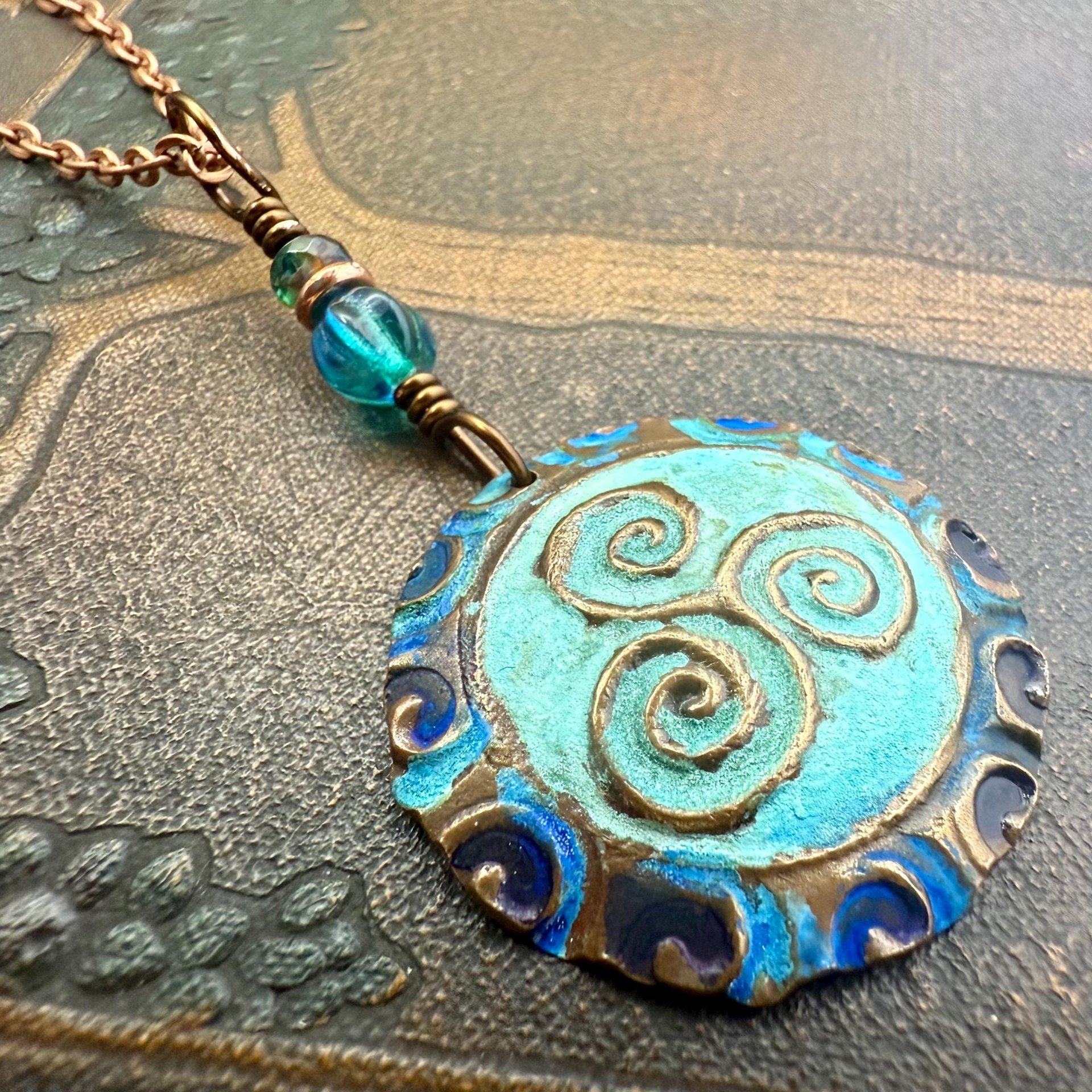 Triskele Copper Pendant, Verdigris Patina, Hand Carved, Czech Glass Beads, Triskelion Triple Spiral, Irish Celtic Pagan, Newgrange Ireland