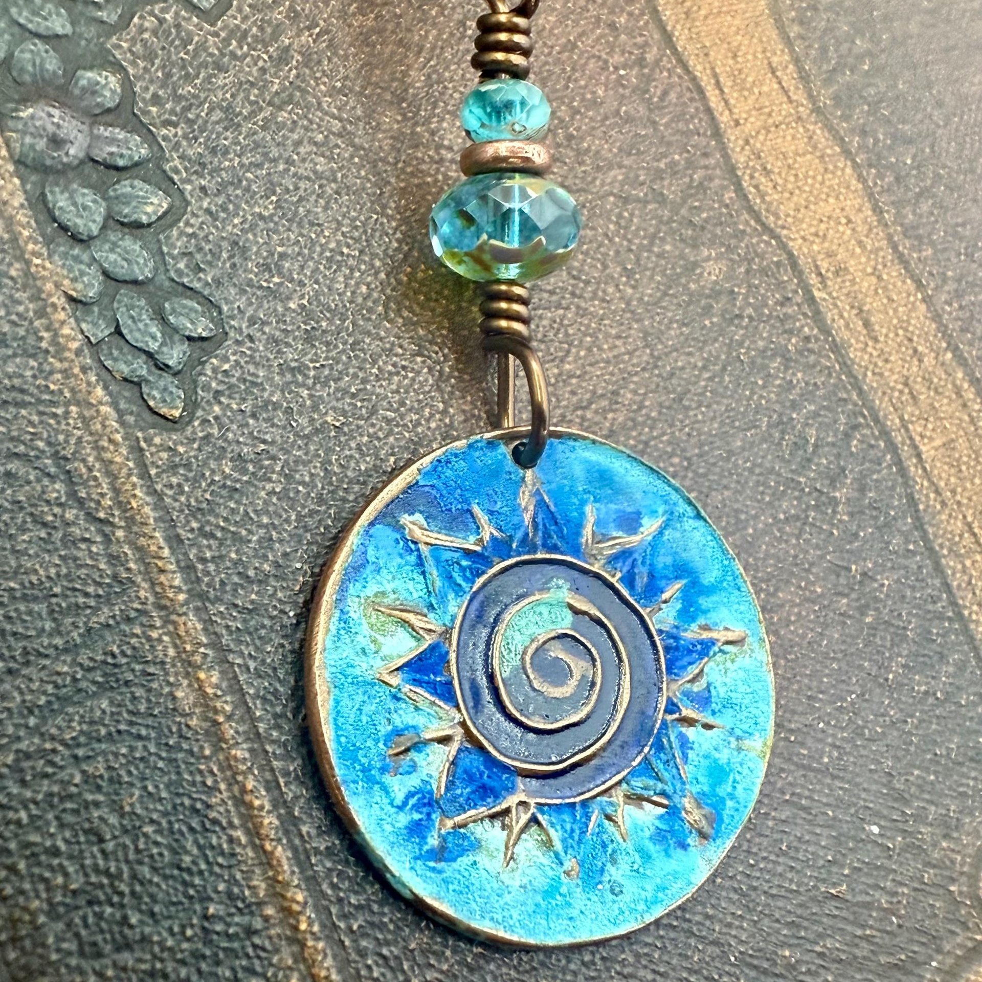 Celtic Sun Spiral Necklace, Copper Patina Pendant, Czech Glass Beads, Irish Celtic Spirals, Colorful Sun, Pagan Celtic Witch, Sun Goddess