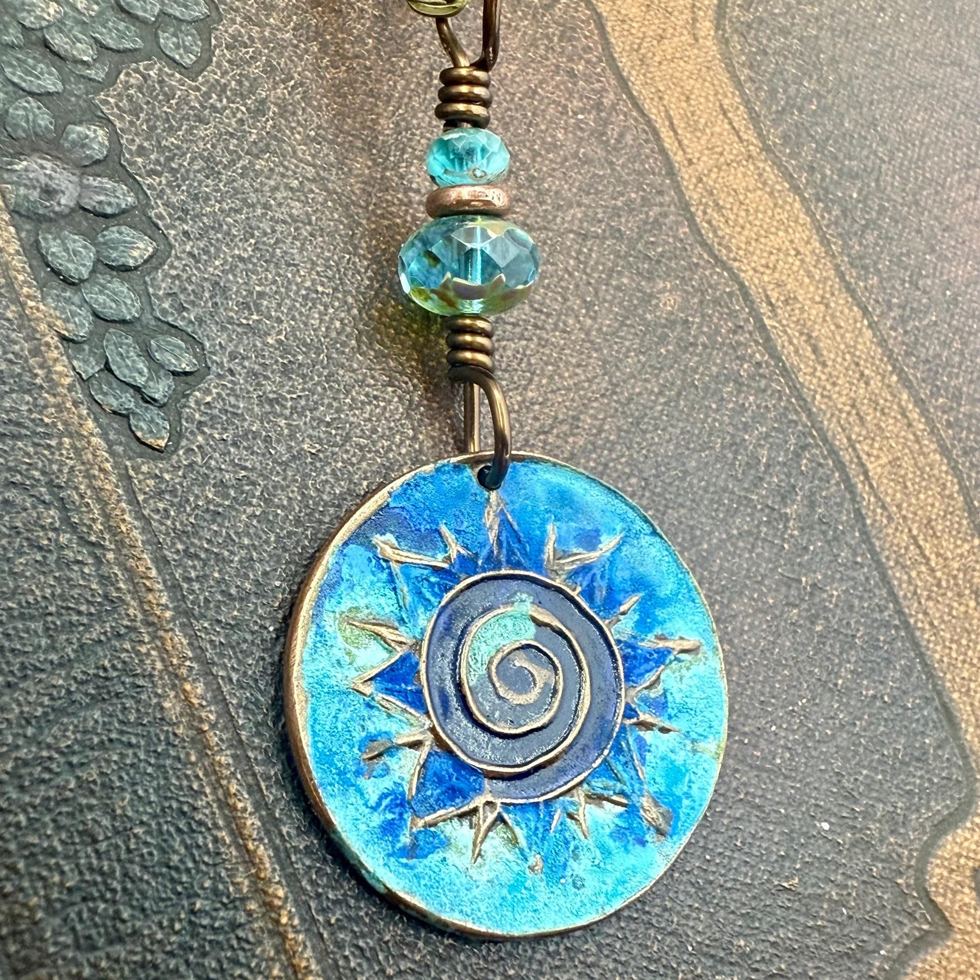 Celtic Sun Spiral Necklace, Copper Patina Pendant, Czech Glass Beads, Irish Celtic Spirals, Colorful Sun, Pagan Celtic Witch, Sun Goddess