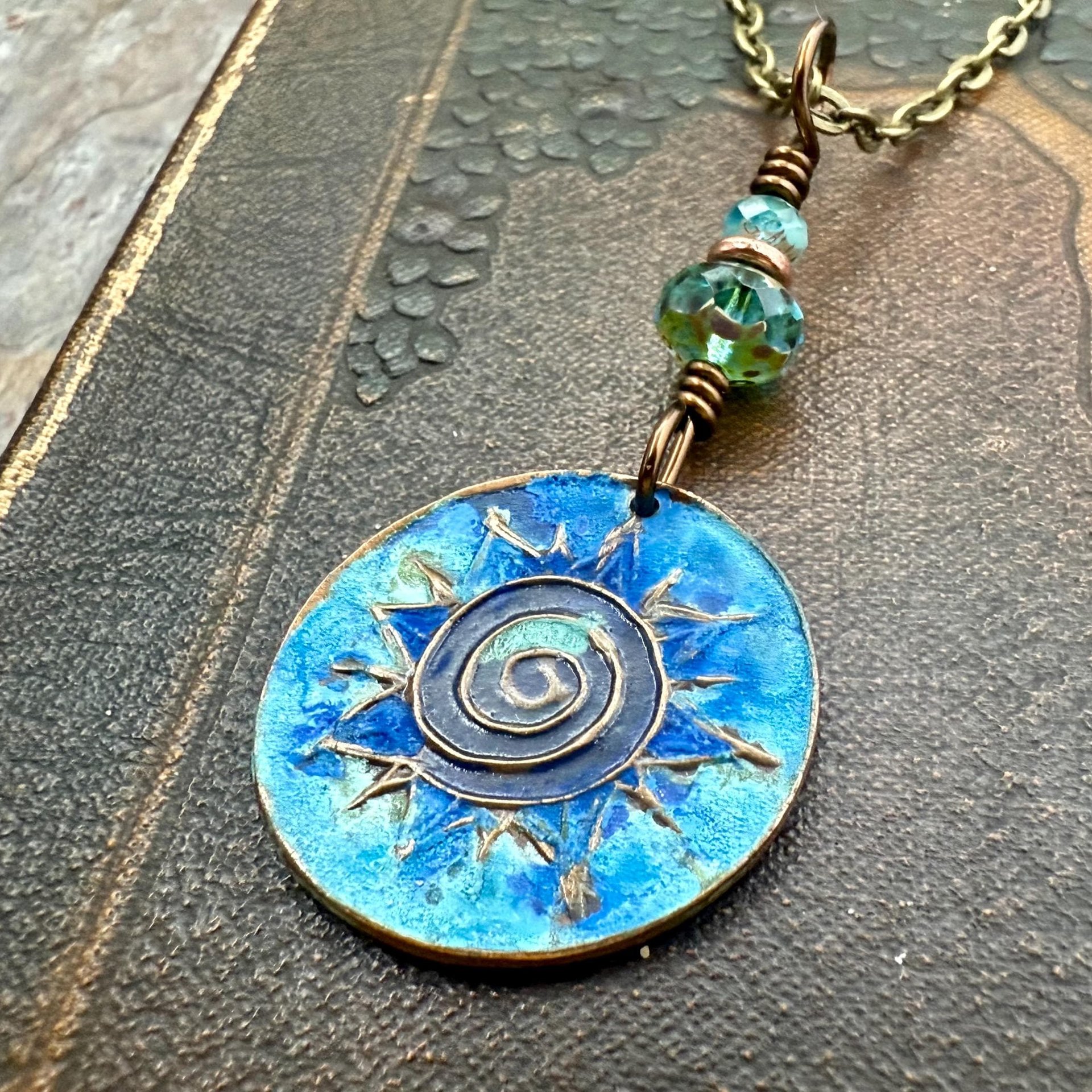 Celtic Sun Spiral Necklace, Copper Patina Pendant, Czech Glass Beads, Irish Celtic Spirals, Colorful Sun, Pagan Celtic Witch, Sun Goddess