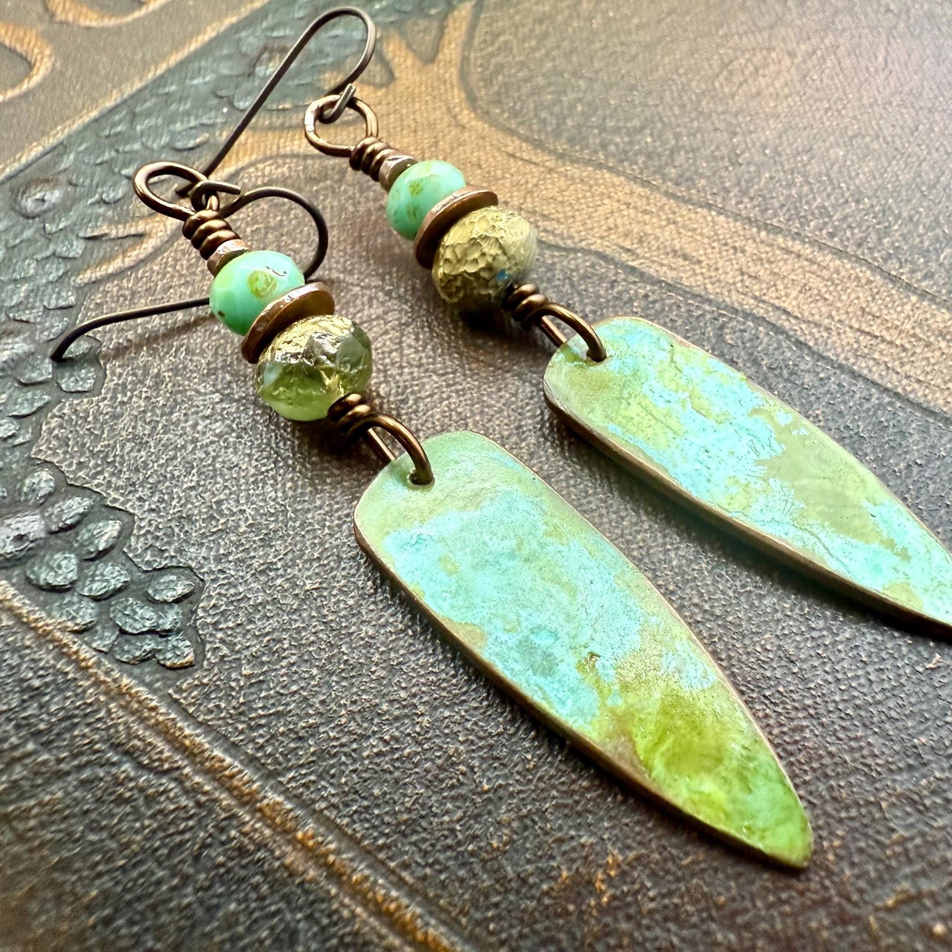Verdigris Earrings, Copper Patina, Dagger Dangle, Turquoise Beads, Boho Hippie Style, Blue Green Earthy, Soul Harbor Jewelry, Earth Witch