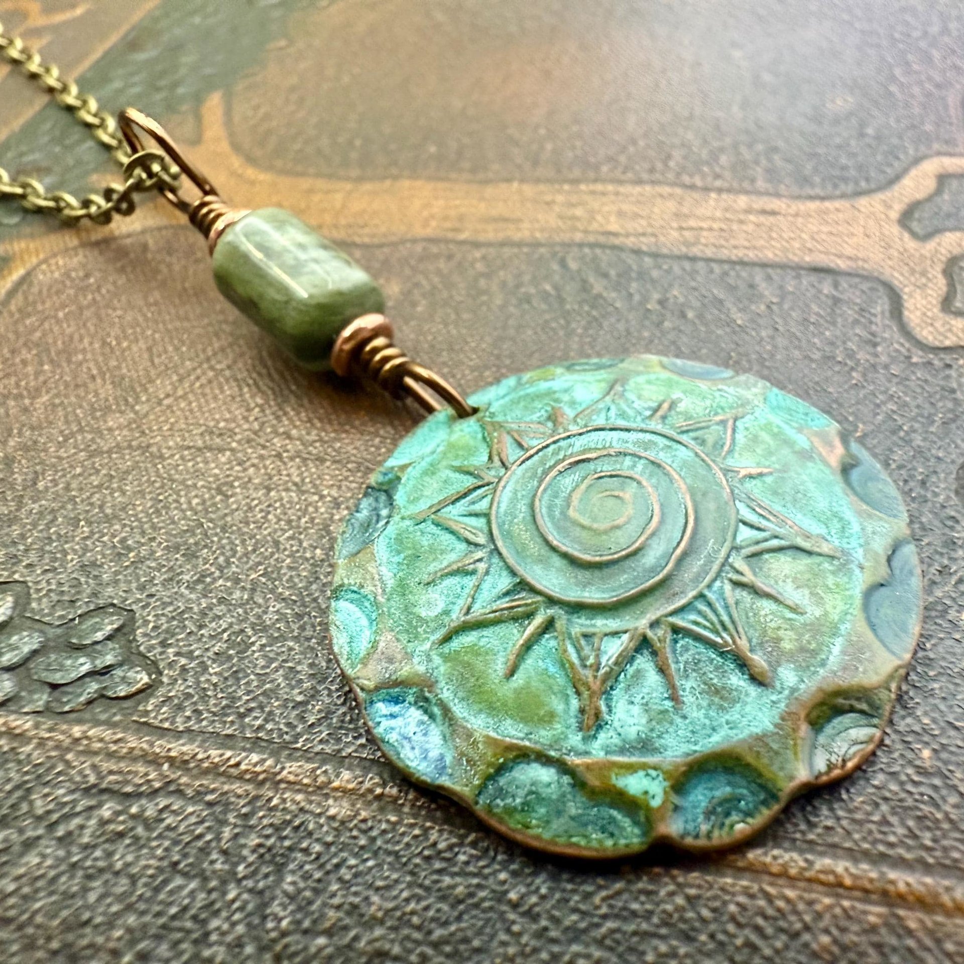 Celtic Sun Spiral Pendant, Copper Verdigris Patina, Irish Celtic Spirals, Connemara Marble, Leather & Vegan Cords, Earthy Rustic Art Jewelry