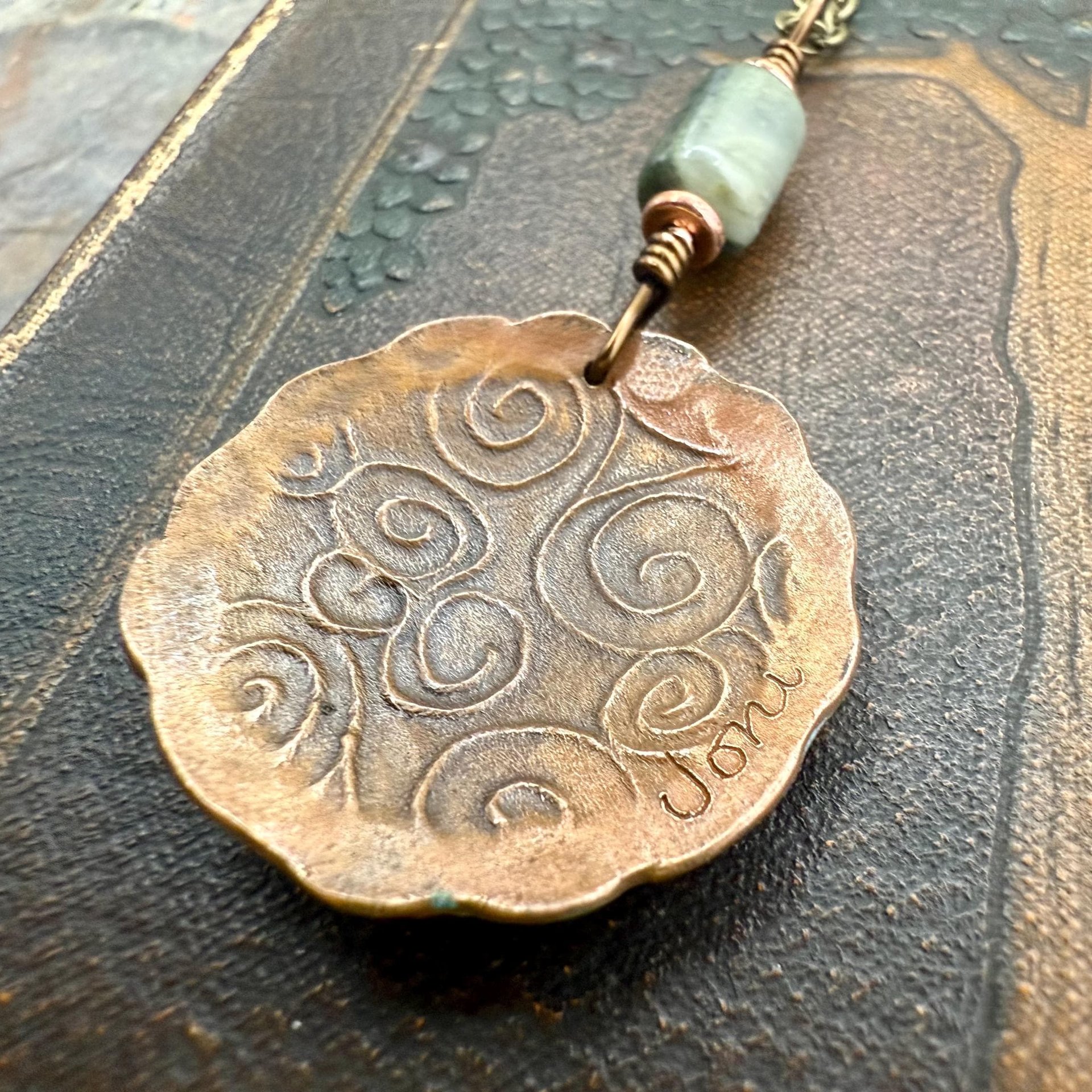 Celtic Sun Spiral Pendant, Copper Verdigris Patina, Irish Celtic Spirals, Connemara Marble, Leather & Vegan Cords, Earthy Rustic Art Jewelry
