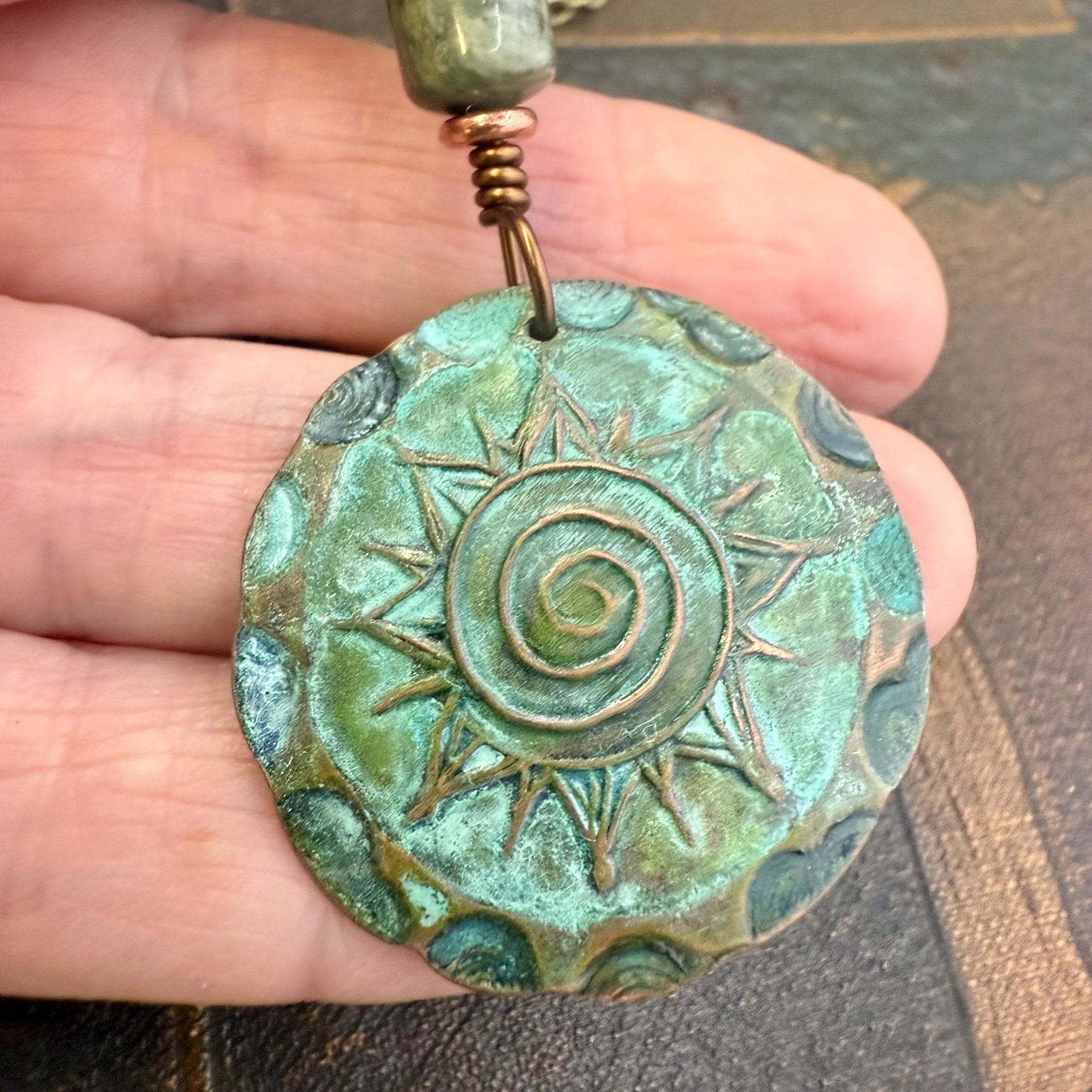 Celtic Sun Spiral Pendant, Copper Verdigris Patina, Irish Celtic Spirals, Connemara Marble, Leather & Vegan Cords, Earthy Rustic Art Jewelry
