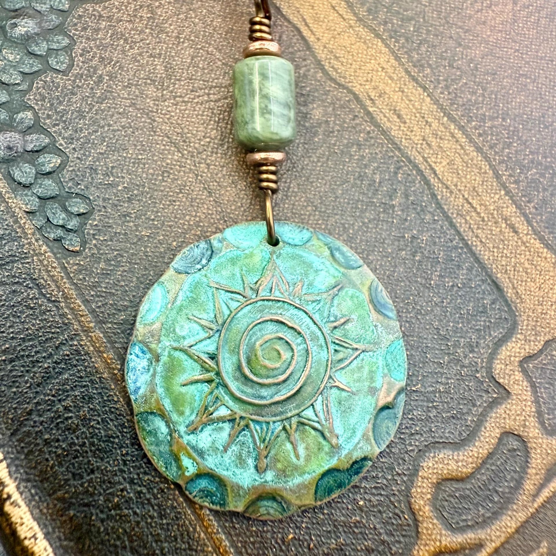Celtic Sun Spiral Pendant, Copper Verdigris Patina, Irish Celtic Spirals, Connemara Marble, Leather & Vegan Cords, Earthy Rustic Art Jewelry