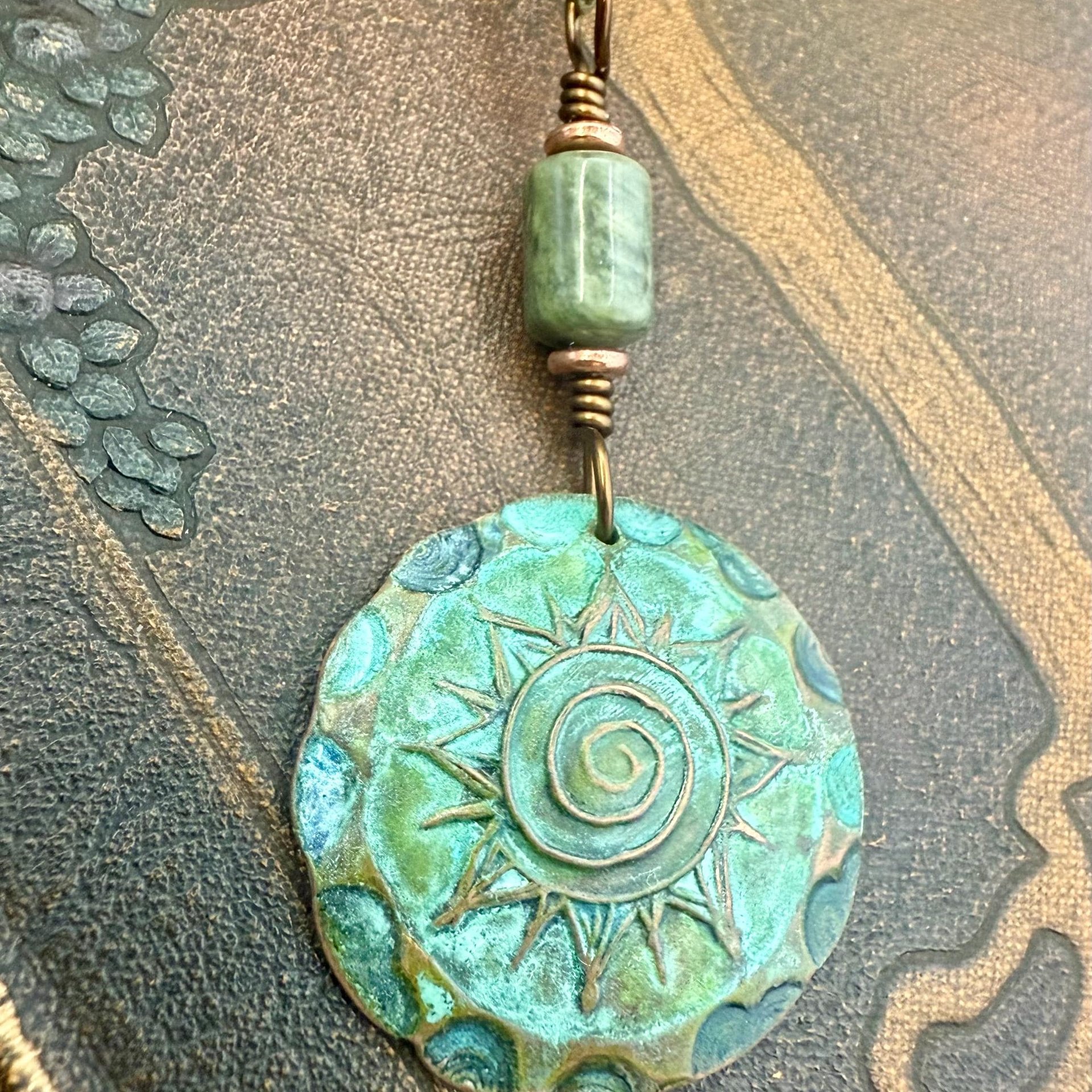 Celtic Sun Spiral Pendant, Copper Verdigris Patina, Irish Celtic Spirals, Connemara Marble, Leather & Vegan Cords, Earthy Rustic Art Jewelry