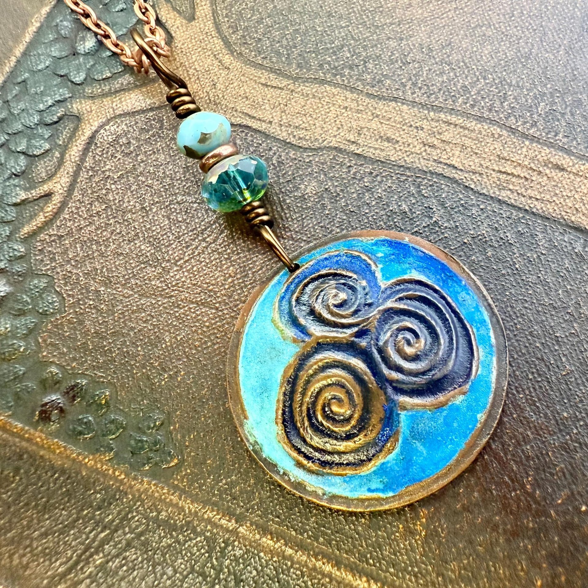 Newgrange Spirals, Copper Pendant, Czech Glass Beads, Triple Spiral, Irish Celtic Jewelry, Verdigris Patina, Blue Green Copper, Pagan Witch