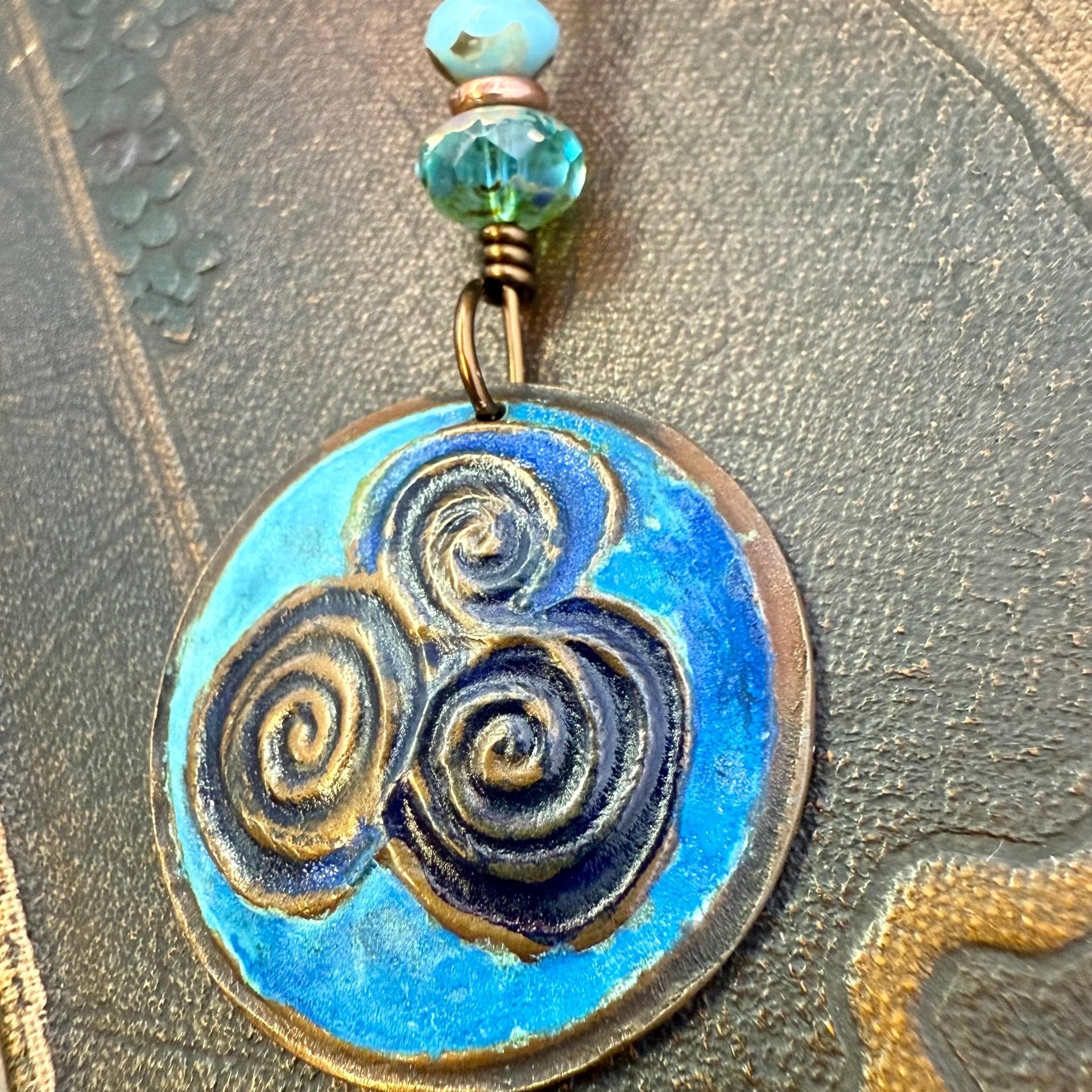 Newgrange Spirals, Copper Pendant, Czech Glass Beads, Triple Spiral, Irish Celtic Jewelry, Verdigris Patina, Blue Green Copper, Pagan Witch