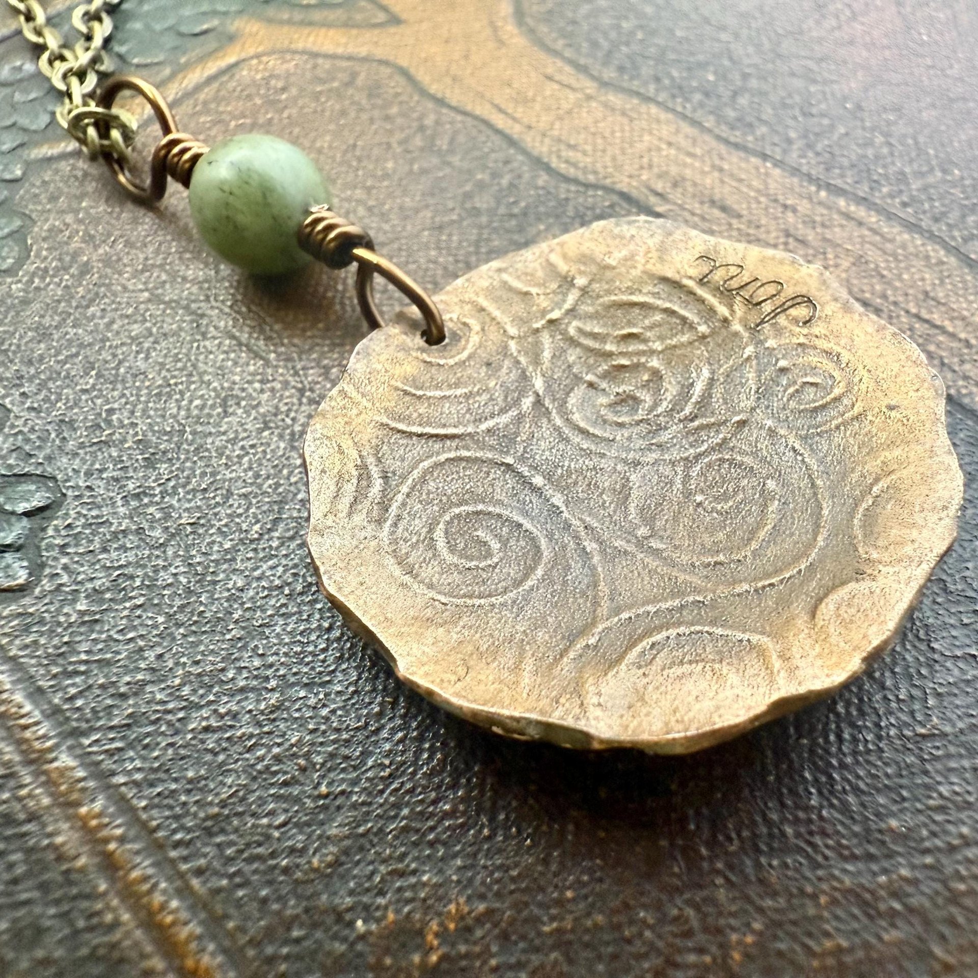 Celtic Sun Spiral Pendant, Copper Verdigris Patina, Irish Celtic Spirals, Connemara Marble, Leather & Vegan Cords, Earthy Rustic Art Jewelry