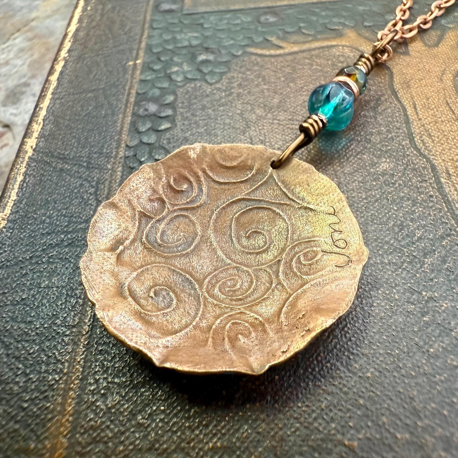 Triskele Copper Pendant, Verdigris Patina, Hand Carved, Czech Glass Beads, Triskelion Triple Spiral, Irish Celtic Pagan, Newgrange Ireland