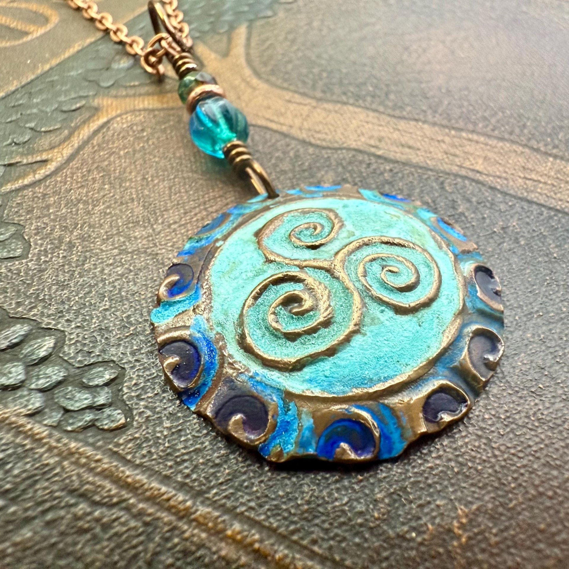 Triskele Copper Pendant, Verdigris Patina, Hand Carved, Czech Glass Beads, Triskelion Triple Spiral, Irish Celtic Pagan, Newgrange Ireland