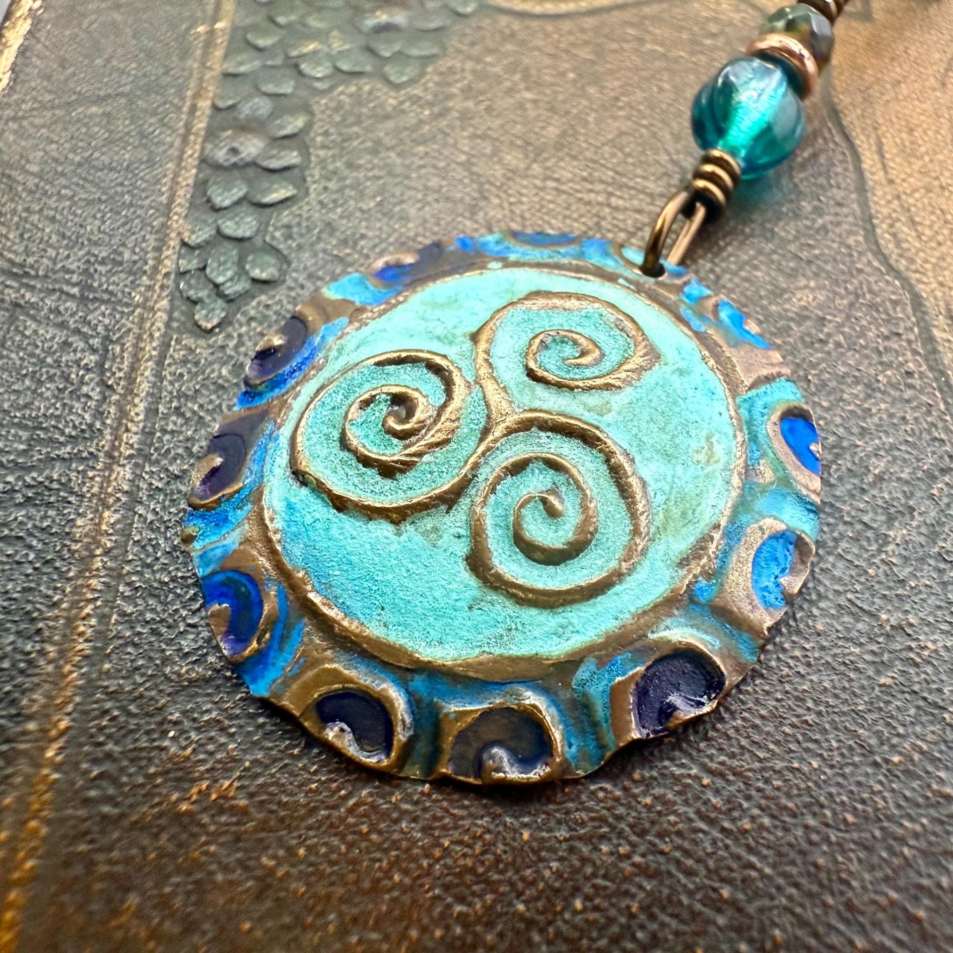 Triskele Copper Pendant, Verdigris Patina, Hand Carved, Czech Glass Beads, Triskelion Triple Spiral, Irish Celtic Pagan, Newgrange Ireland