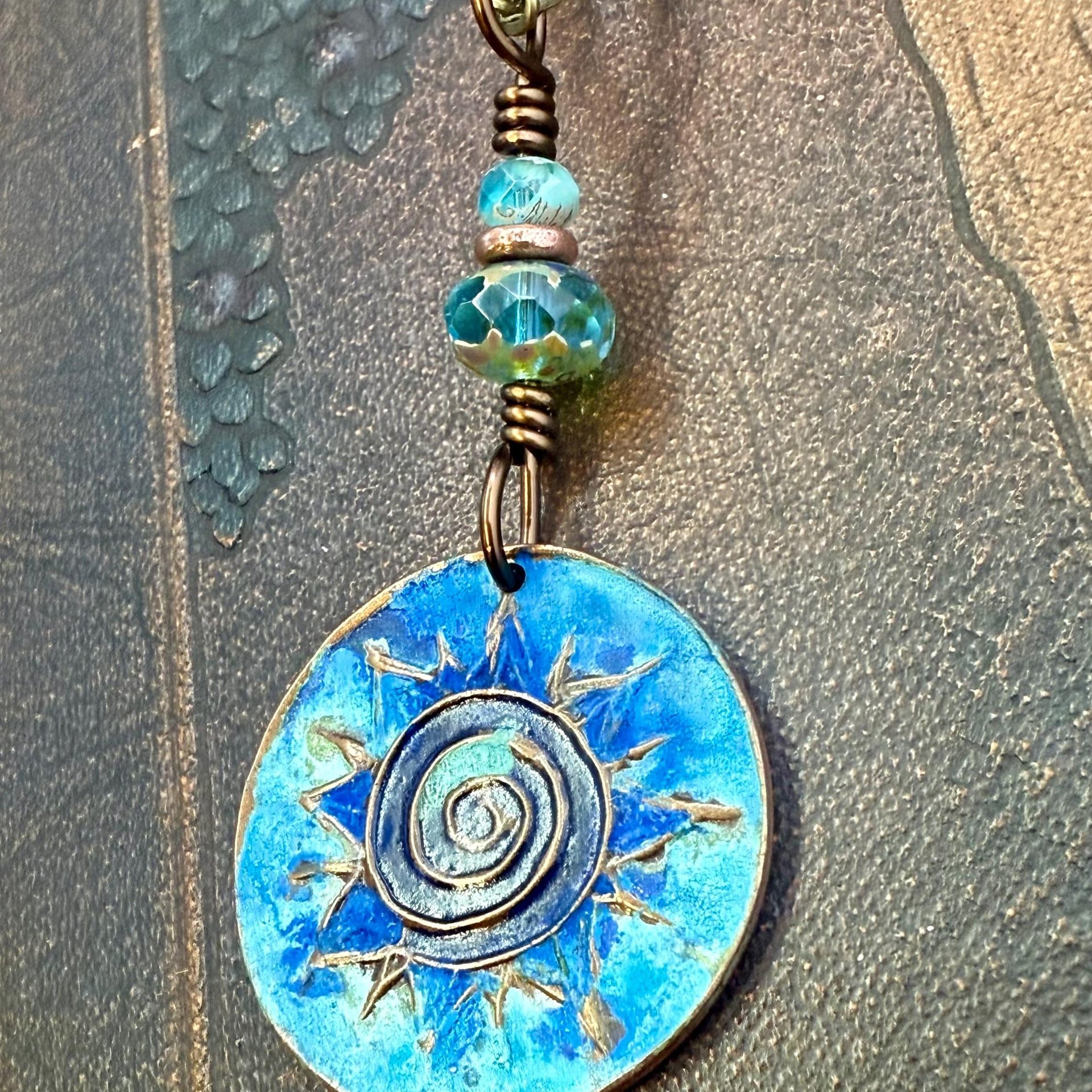 Celtic Sun Spiral Necklace, Copper Patina Pendant, Czech Glass Beads, Irish Celtic Spirals, Colorful Sun, Pagan Celtic Witch, Sun Goddess