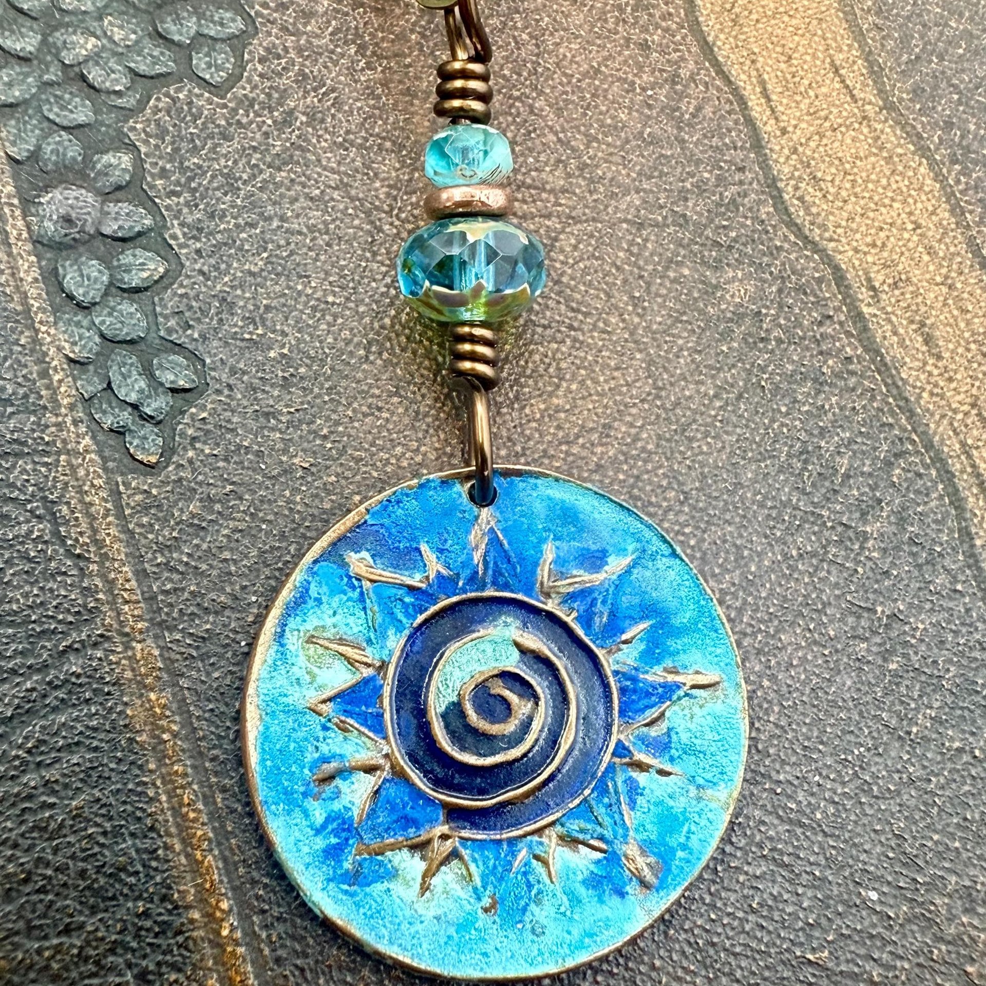 Celtic Sun Spiral Necklace, Copper Patina Pendant, Czech Glass Beads, Irish Celtic Spirals, Colorful Sun, Pagan Celtic Witch, Sun Goddess