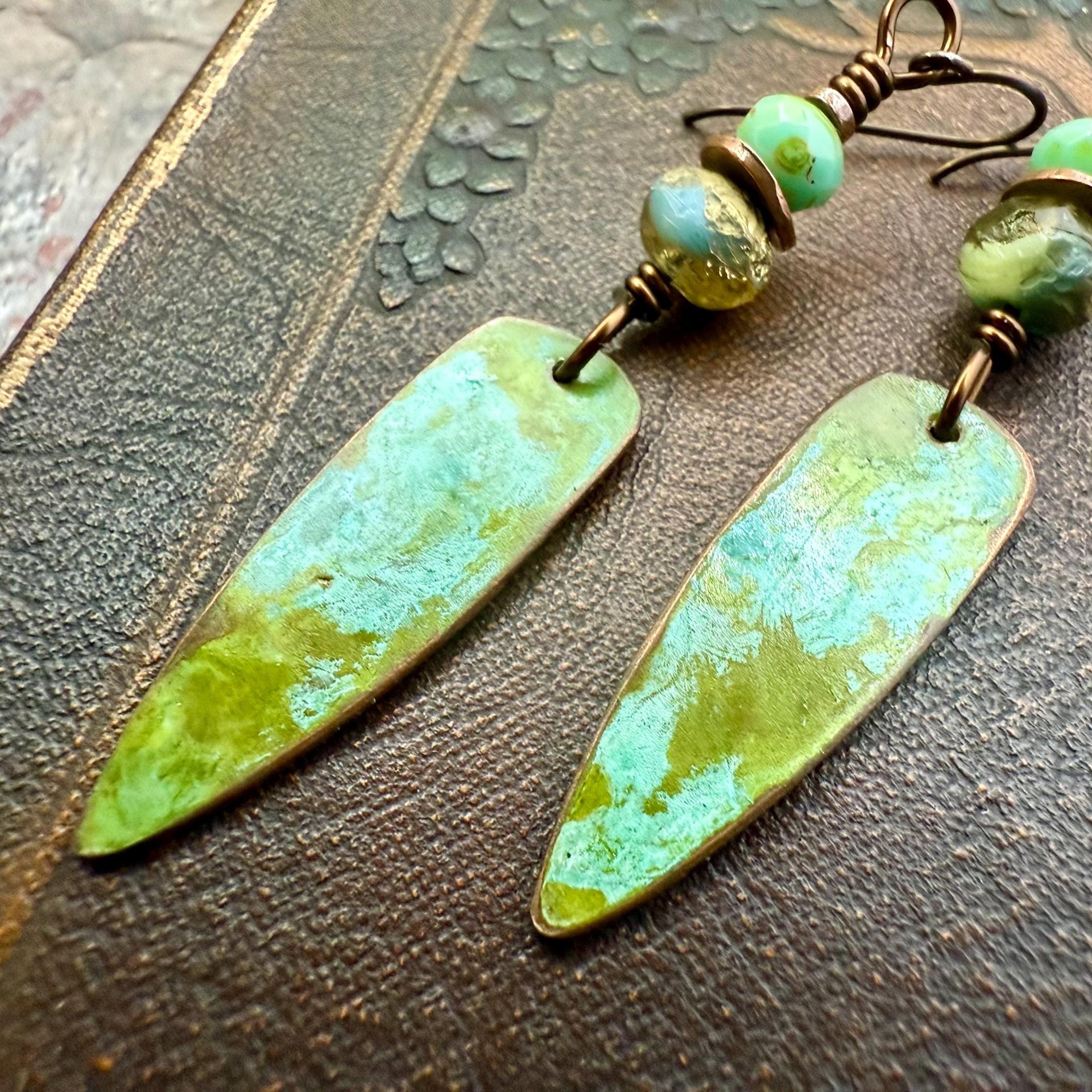 Verdigris Earrings, Copper Patina, Dagger Dangle, Turquoise Beads, Boho Hippie Style, Blue Green Earthy, Soul Harbor Jewelry, Earth Witch
