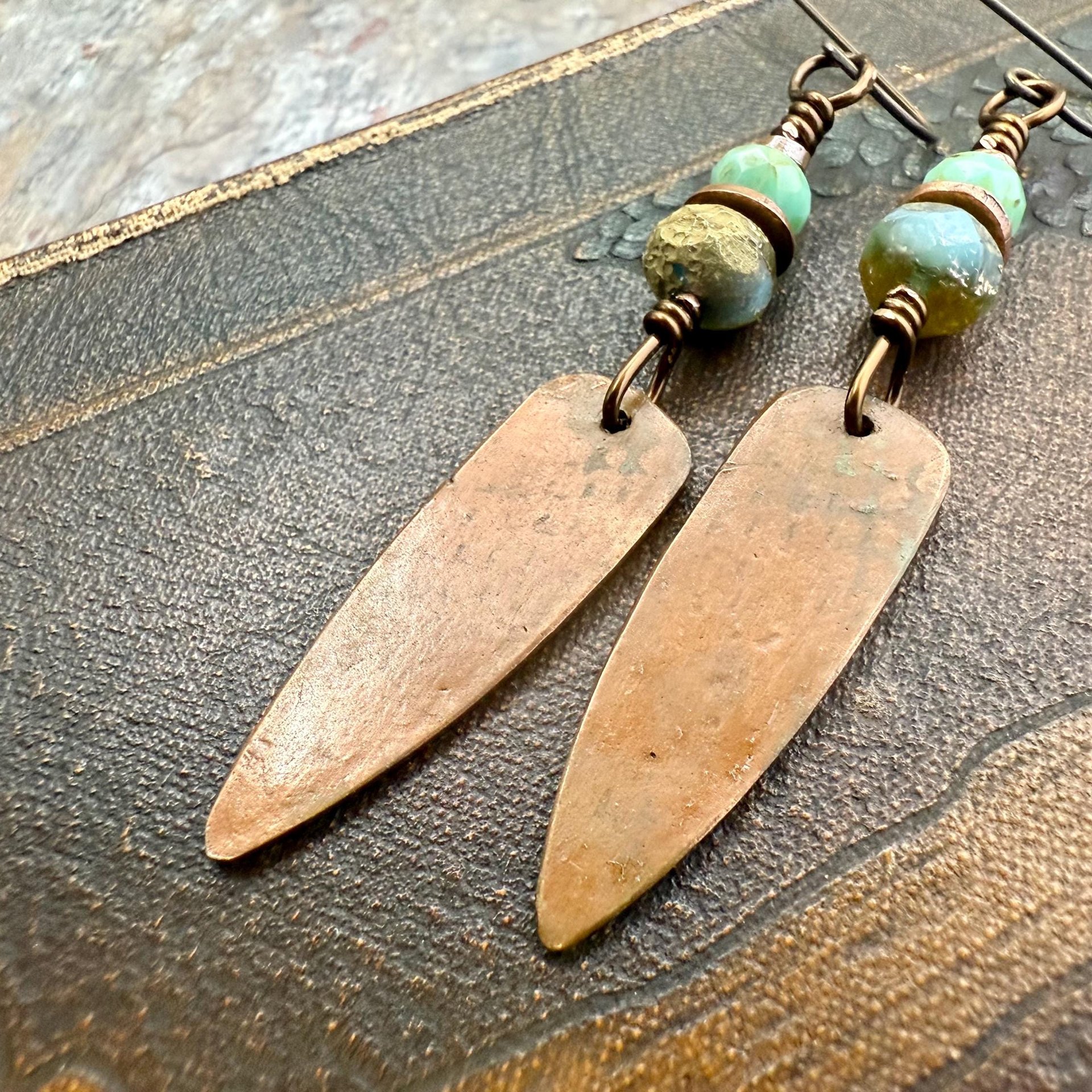 Verdigris Earrings, Copper Patina, Dagger Dangle, Turquoise Beads, Boho Hippie Style, Blue Green Earthy, Soul Harbor Jewelry, Earth Witch
