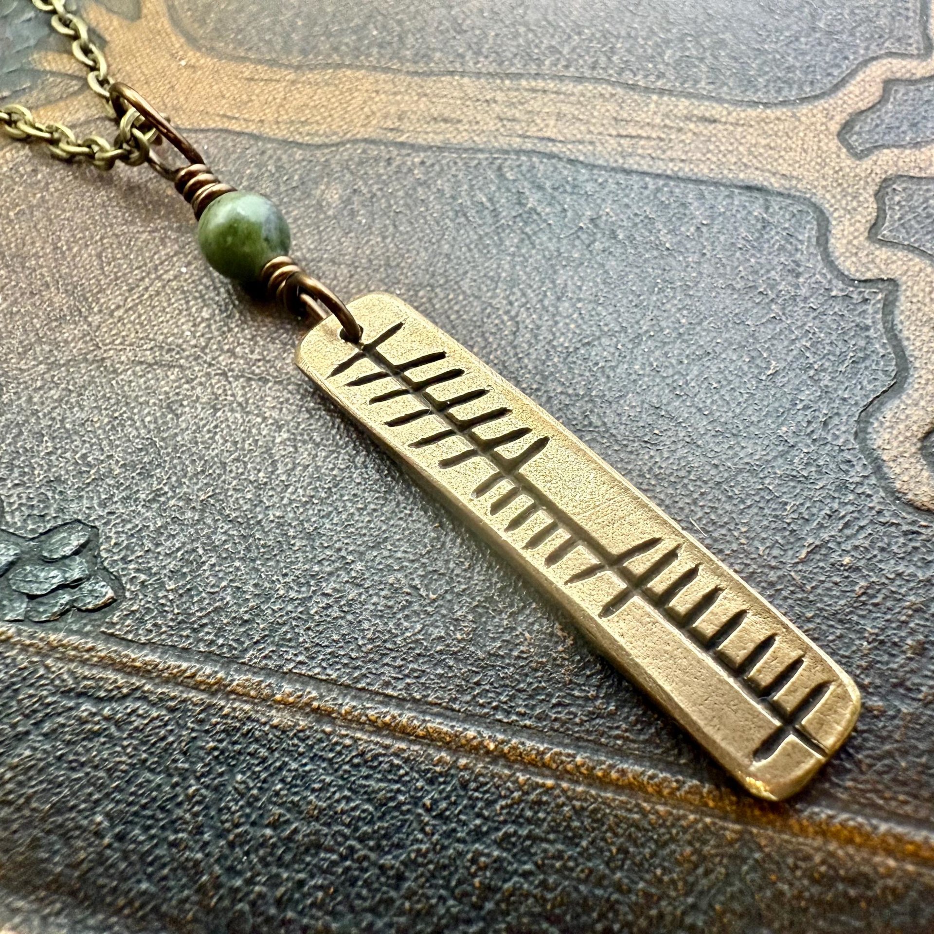 Anam Cara Ogham Necklace, Soul Friend, Bronze Bar Charm, Connemara Marble, Irish Celtic, Soul Mate, Gifts of Love, Irish Gaelic, Best Friend