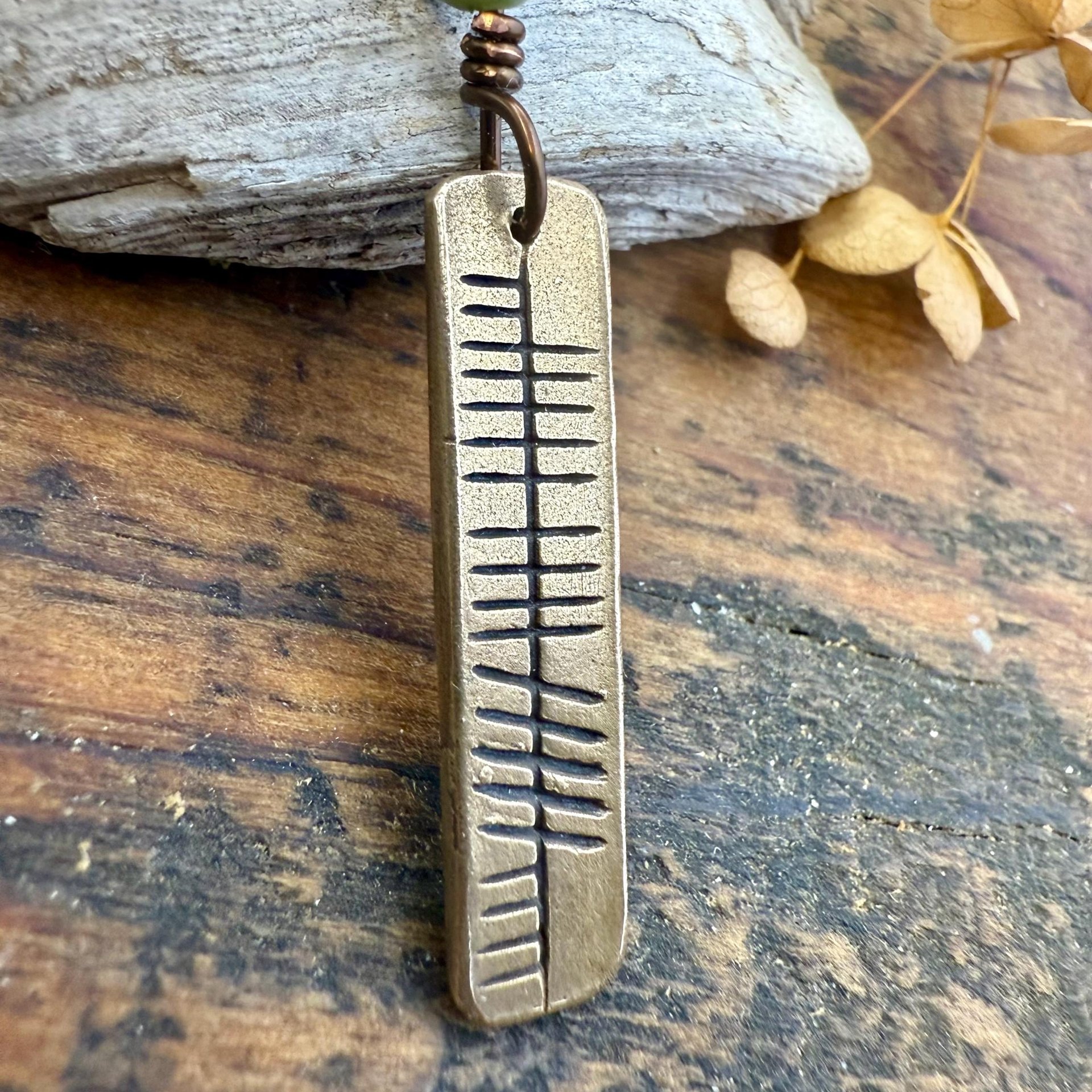 Believe Ogham Necklace, Creid Irish Gaelic, Bronze Bar Charm, Connemara Marble, Irish Celtic, Hand Carved Pendant, Soul Harbor Jewelry