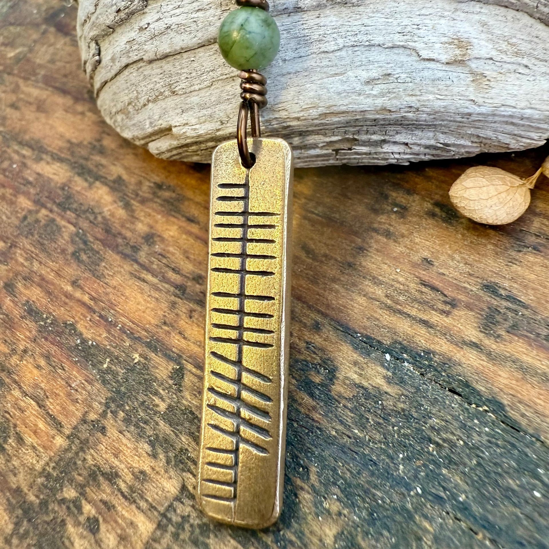 Believe Ogham Necklace, Creid Irish Gaelic, Bronze Bar Charm, Connemara Marble, Irish Celtic, Hand Carved Pendant, Soul Harbor Jewelry