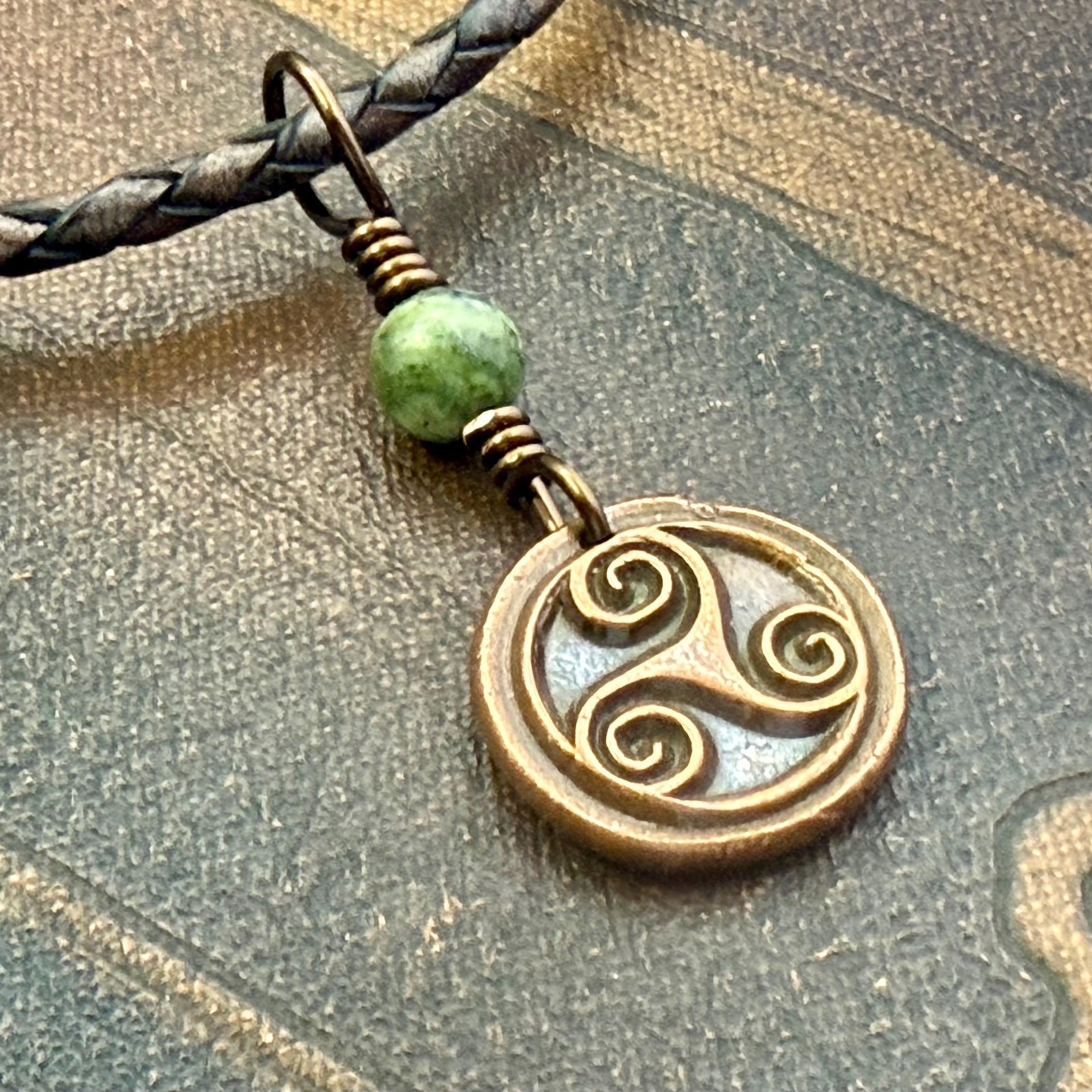 Triskele Charm, Copper Necklace, Wax Seal Charm, Connemara Marble, Irish Celtic Pagan, 7 Anniversary, Celtic Witch, Triskelion Triple Spiral