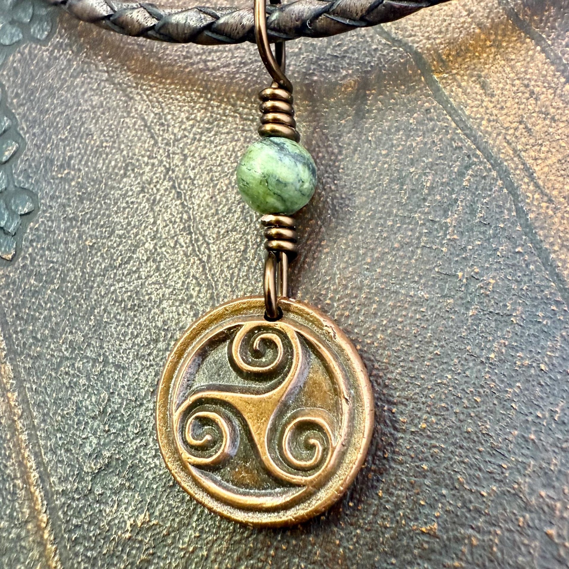 Triskele Charm, Copper Necklace, Wax Seal Charm, Connemara Marble, Irish Celtic Pagan, 7 Anniversary, Celtic Witch, Triskelion Triple Spiral