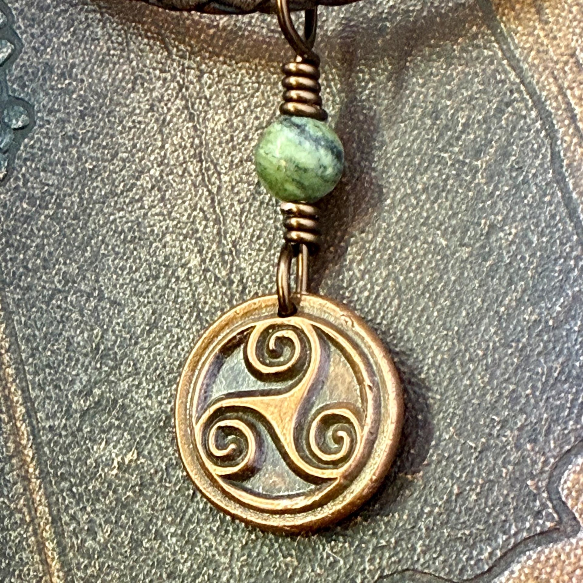Triskele Charm, Copper Necklace, Wax Seal Charm, Connemara Marble, Irish Celtic Pagan, 7 Anniversary, Celtic Witch, Triskelion Triple Spiral