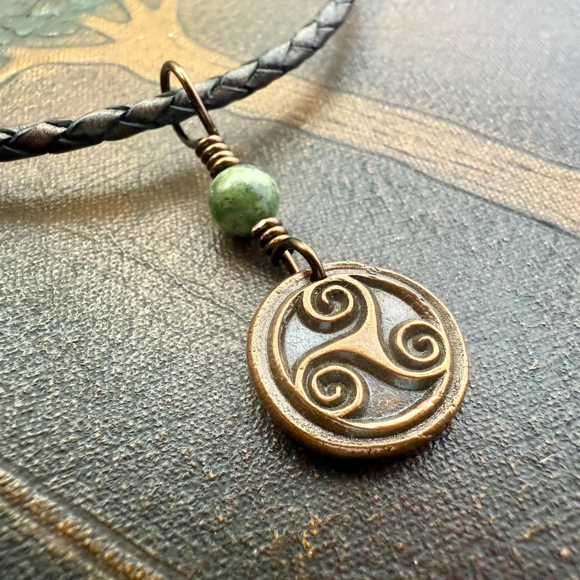 Triskele Charm, Copper Necklace, Wax Seal Charm, Connemara Marble, Irish Celtic Pagan, 7 Anniversary, Celtic Witch, Triskelion Triple Spiral