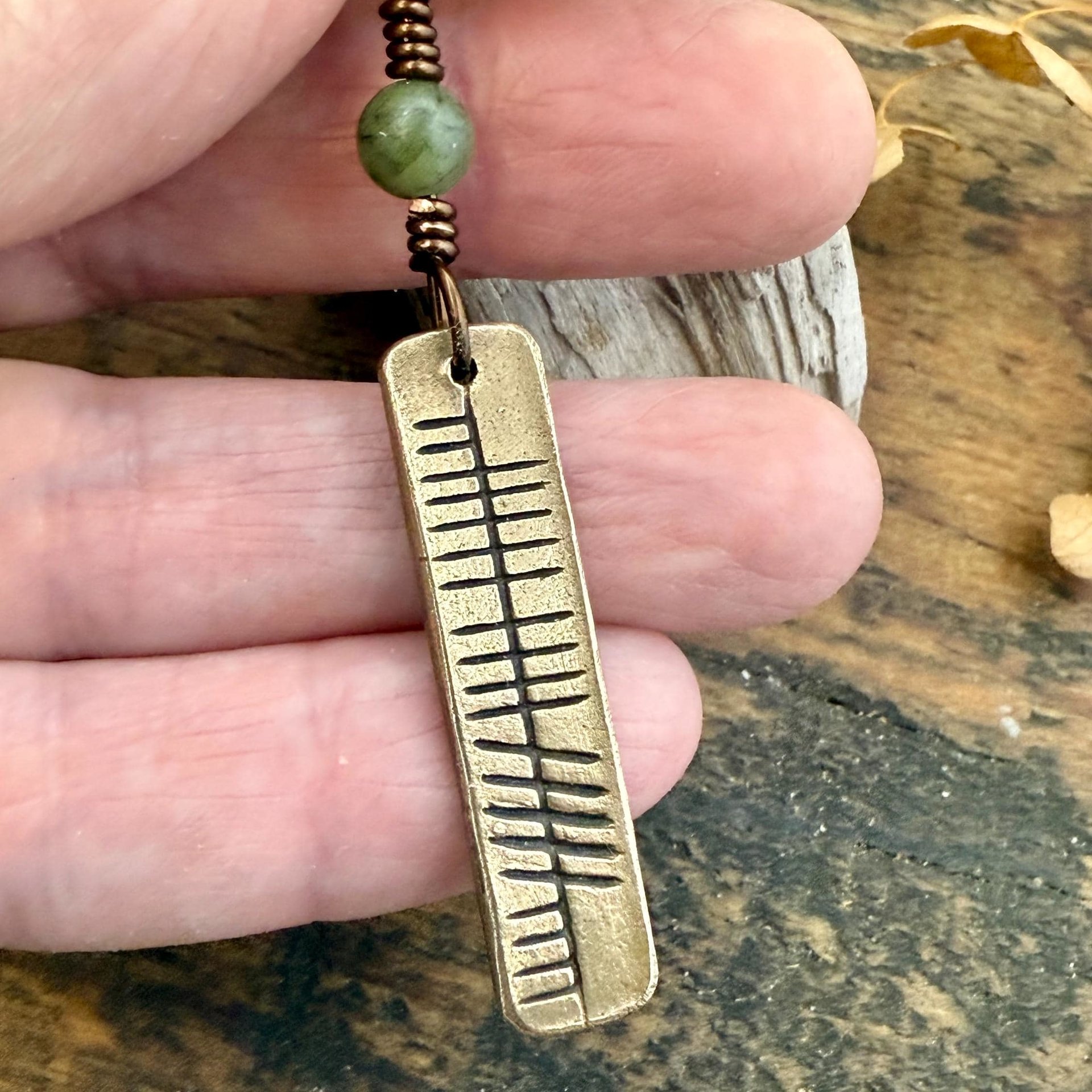 Believe Ogham Necklace, Creid Irish Gaelic, Bronze Bar Charm, Connemara Marble, Irish Celtic, Hand Carved Pendant, Soul Harbor Jewelry