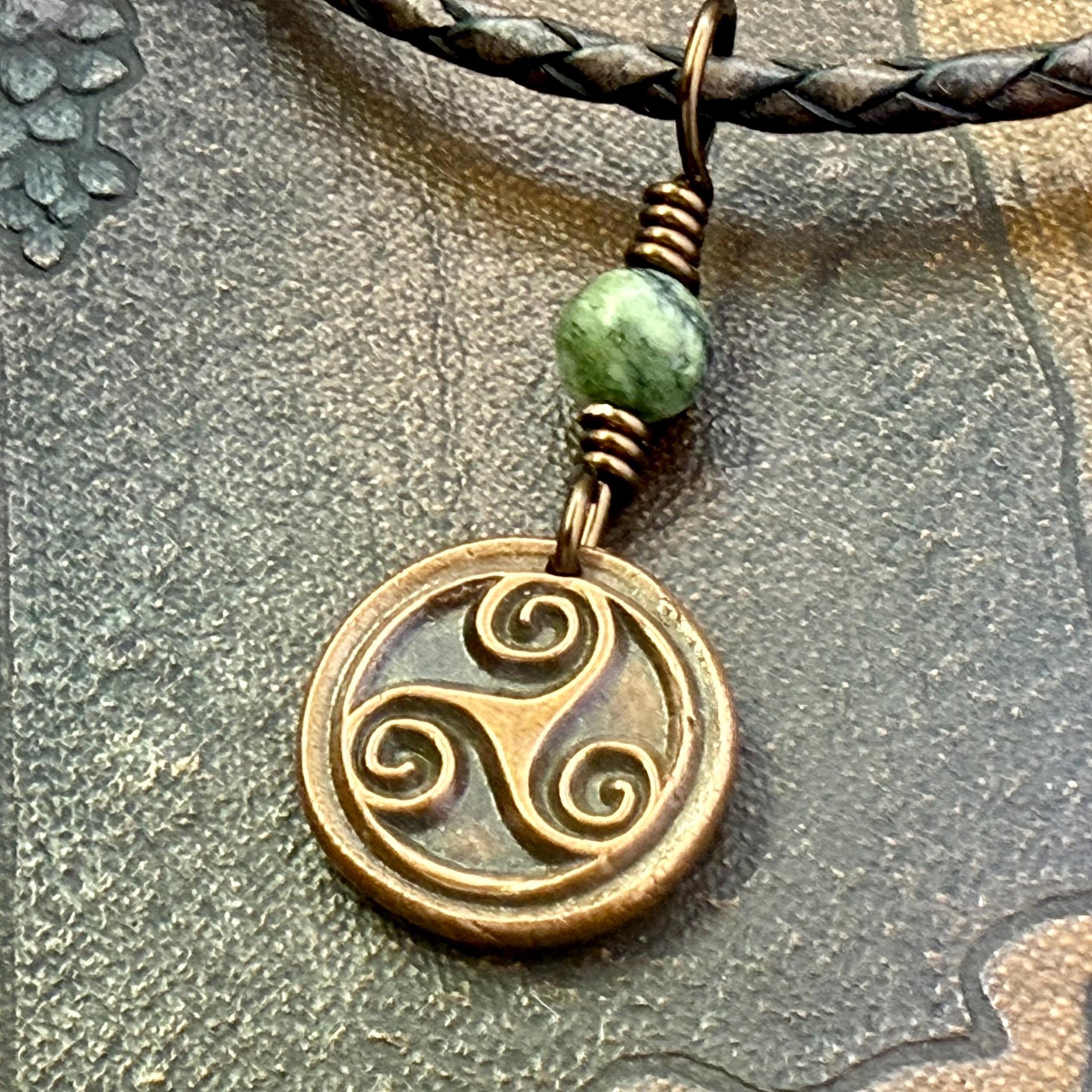 Triskele Charm, Copper Necklace, Wax Seal Charm, Connemara Marble, Irish Celtic Pagan, 7 Anniversary, Celtic Witch, Triskelion Triple Spiral