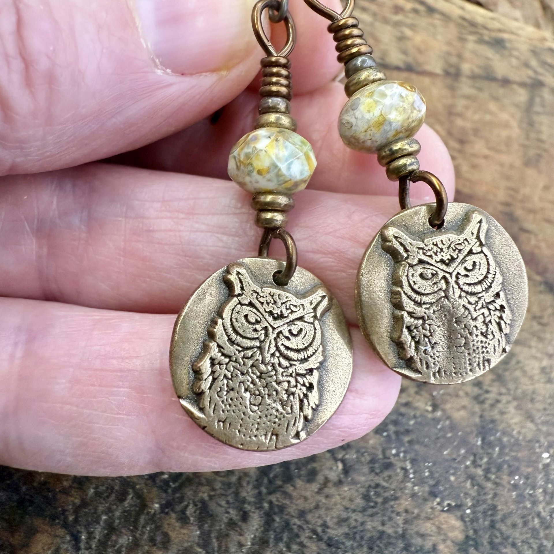Bronze Owl Earrings, Earthy Witch Jewelry, Faceted Czech Glass Beads, Hypoallergenic Ear Wires, Light Dangle Earrings, Handmade Art Jewelry
