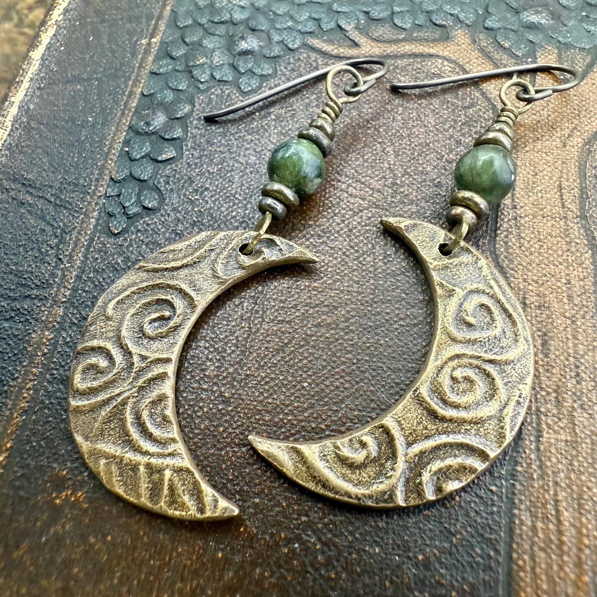 Crescent Moon Bronze Earrings, Connemara Marble Beads, Celtic Witch, Moon Goddess, Hypoallergenic, Pagan Witchy, Everyday Earrings