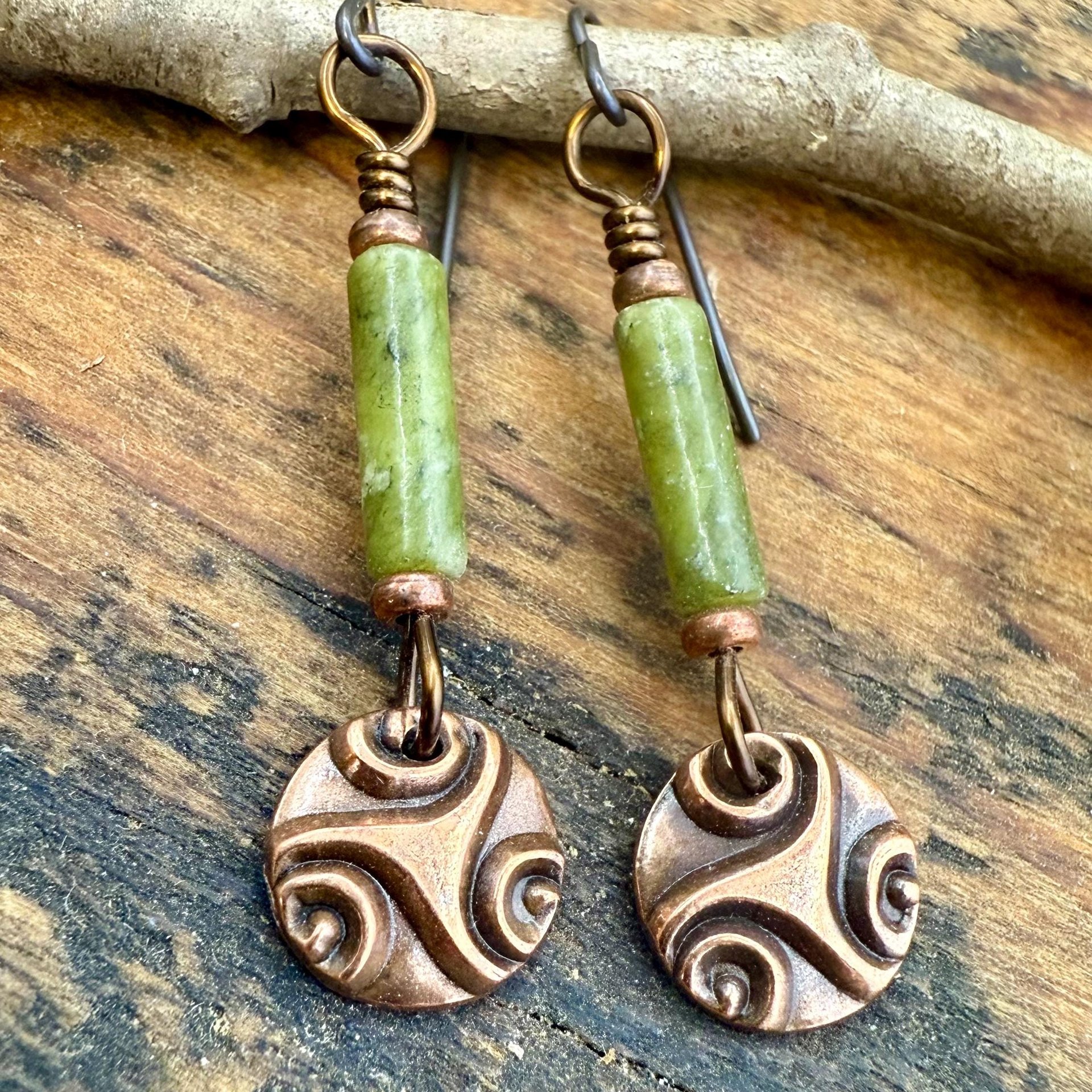 Triskele Copper Earrings, Triple Spirals, Triskelion, Connemara Marble, Irish Celtic Jewelry, Copper Disc Earrings, Hypoallergenic Earrings