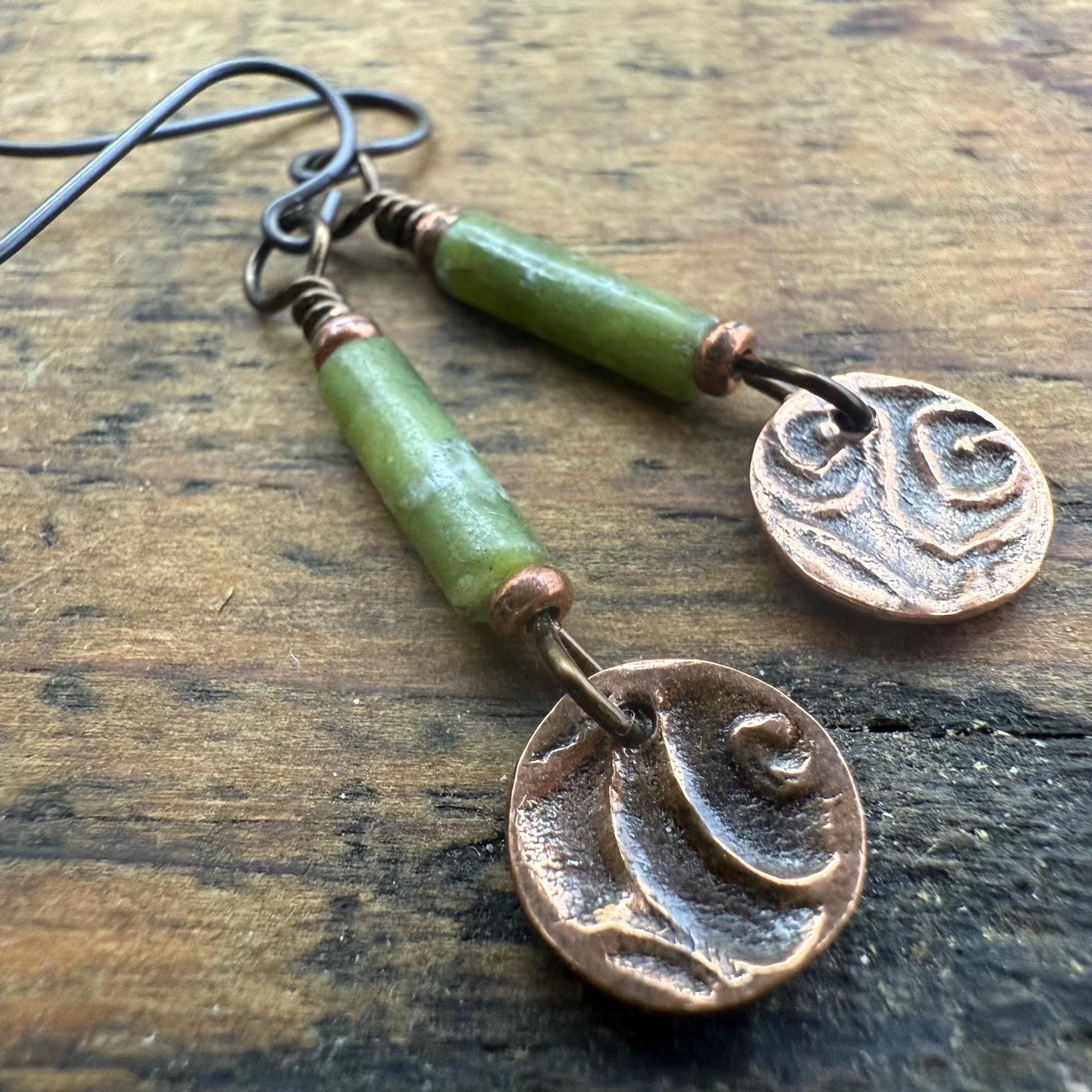 Triskele Copper Earrings, Triple Spirals, Triskelion, Connemara Marble, Irish Celtic Jewelry, Copper Disc Earrings, Hypoallergenic Earrings