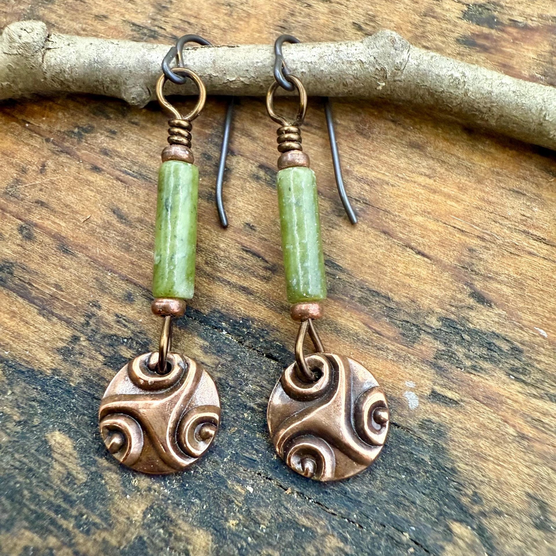 Triskele Copper Earrings, Triple Spirals, Triskelion, Connemara Marble, Irish Celtic Jewelry, Copper Disc Earrings, Hypoallergenic Earrings