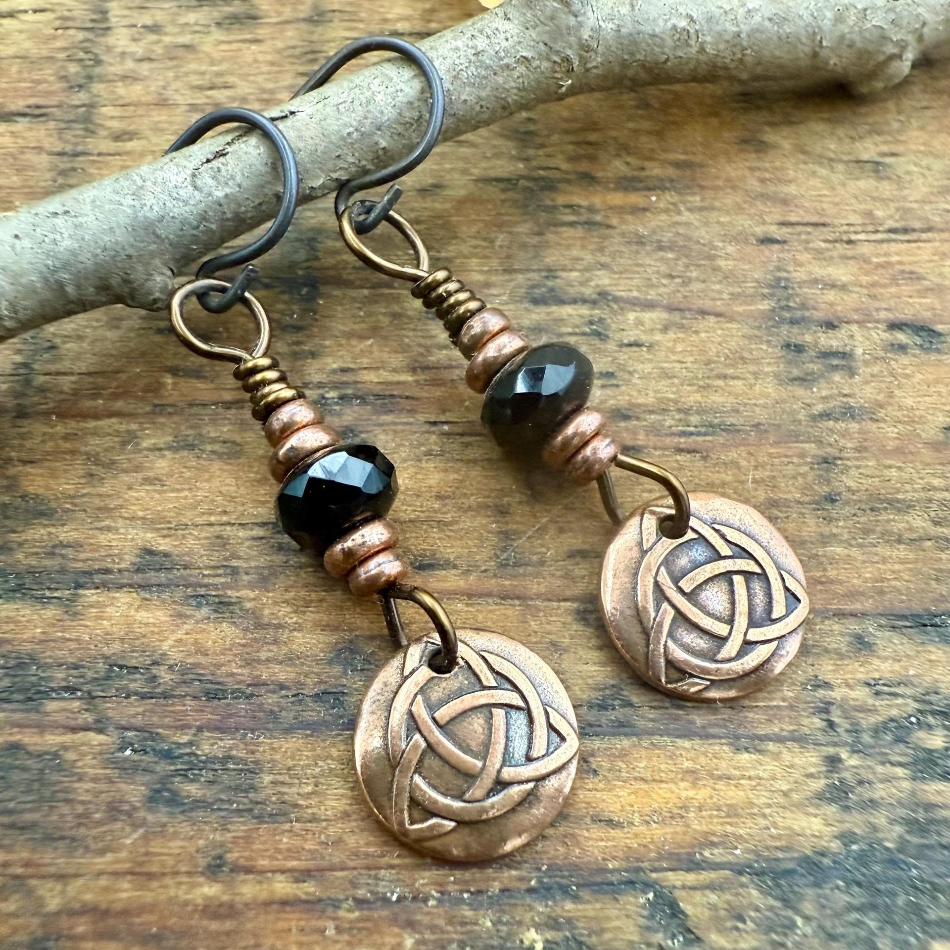 Handmade Copper Trinity Knot Earrings, Czech Glass Beads, Irish Celtic Jewelry, Hypoallergenic Ear Wires, Pagan, Light Everyday Earrings