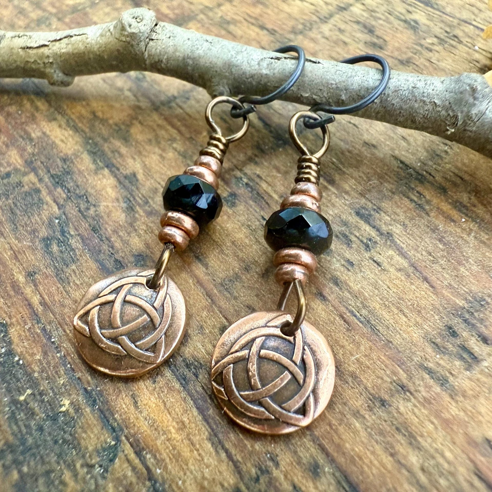 Handmade Copper Trinity Knot Earrings, Czech Glass Beads, Irish Celtic Jewelry, Hypoallergenic Ear Wires, Pagan, Light Everyday Earrings