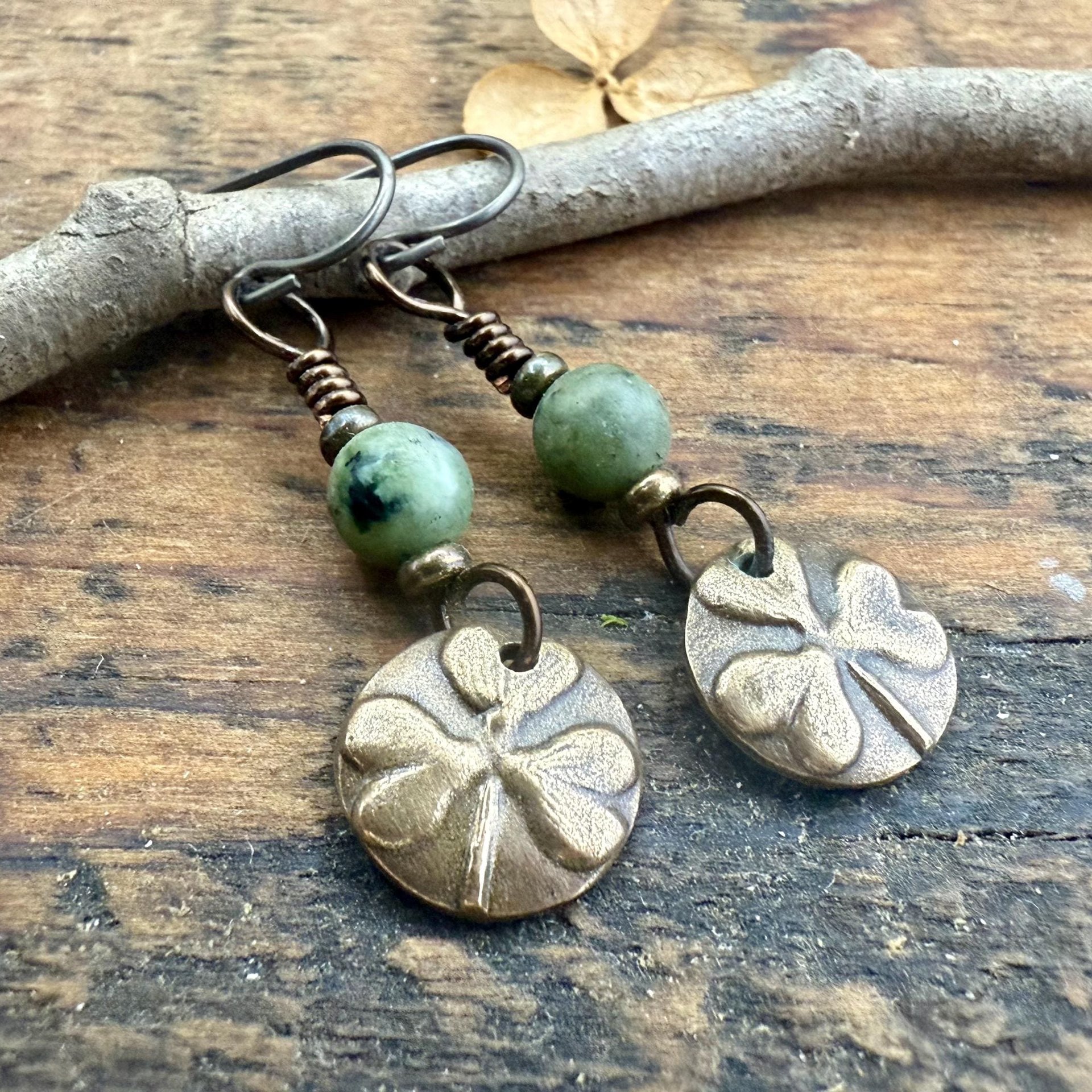 Shamrock Bronze Earrings, Connemara Marble Beads, Irish Celtic Jewelry, Holy Trinity, St Patrick's Day, Tiny Disc, Light Everyday Earrings