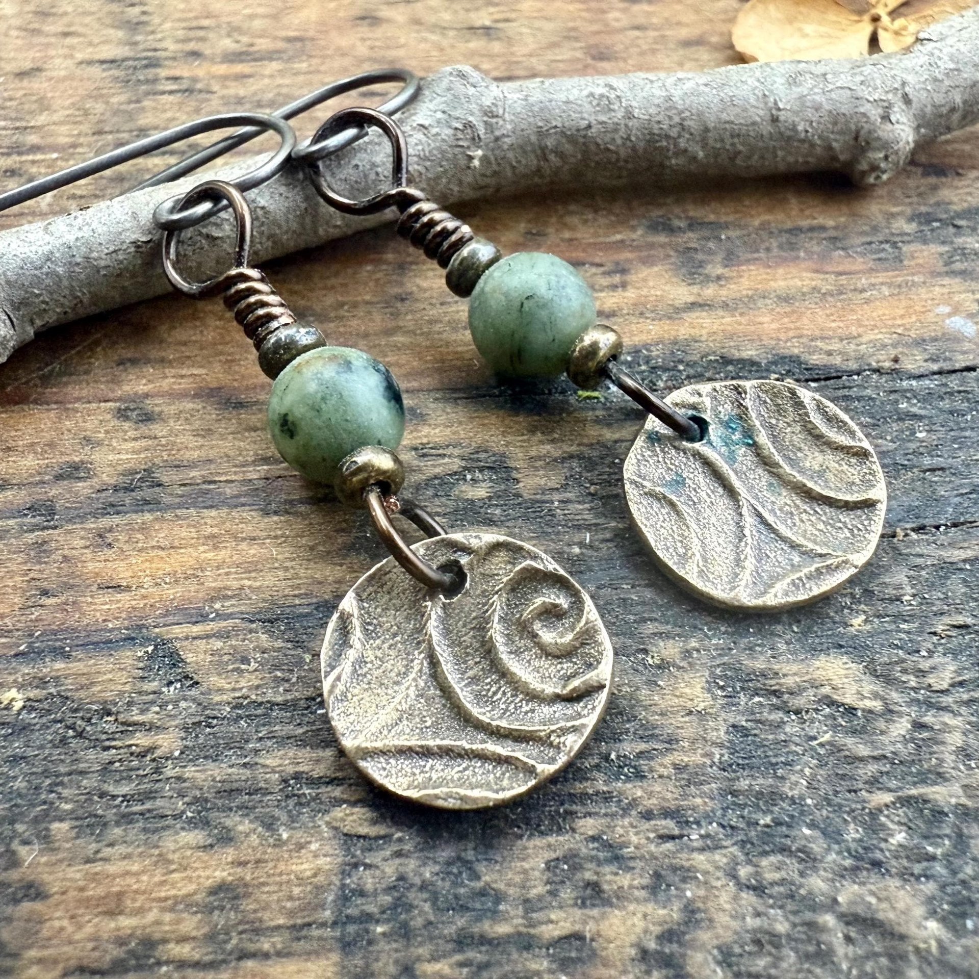 Shamrock Bronze Earrings, Connemara Marble Beads, Irish Celtic Jewelry, Holy Trinity, St Patrick's Day, Tiny Disc, Light Everyday Earrings