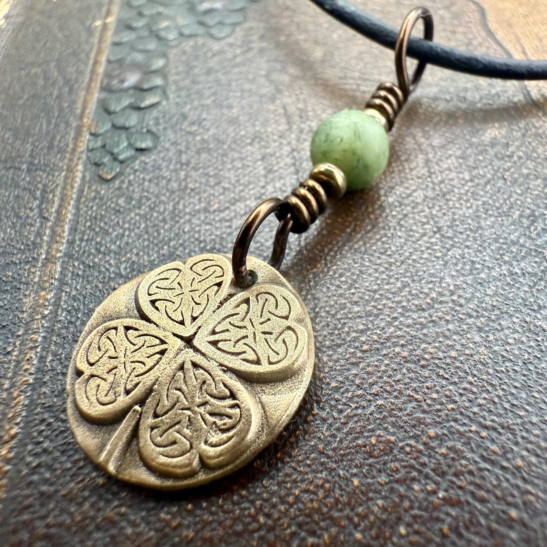 Four Leaf Clover Heart, Bronze Wax Seal Charm, Connemara Marble, Irish Celtic Jewelry, 4 Leaf Clover, Lucky Love Charm, Leather & Vegan Cord