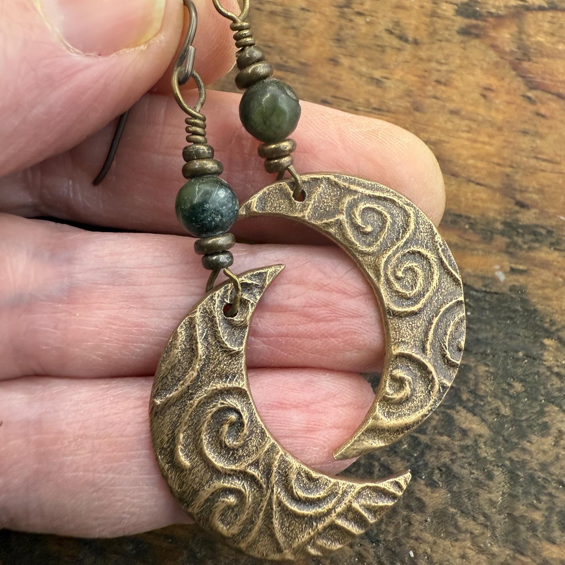 Crescent Moon Bronze Earrings, Connemara Marble Beads, Celtic Witch, Moon Goddess, Hypoallergenic, Pagan Witchy, Everyday Earrings