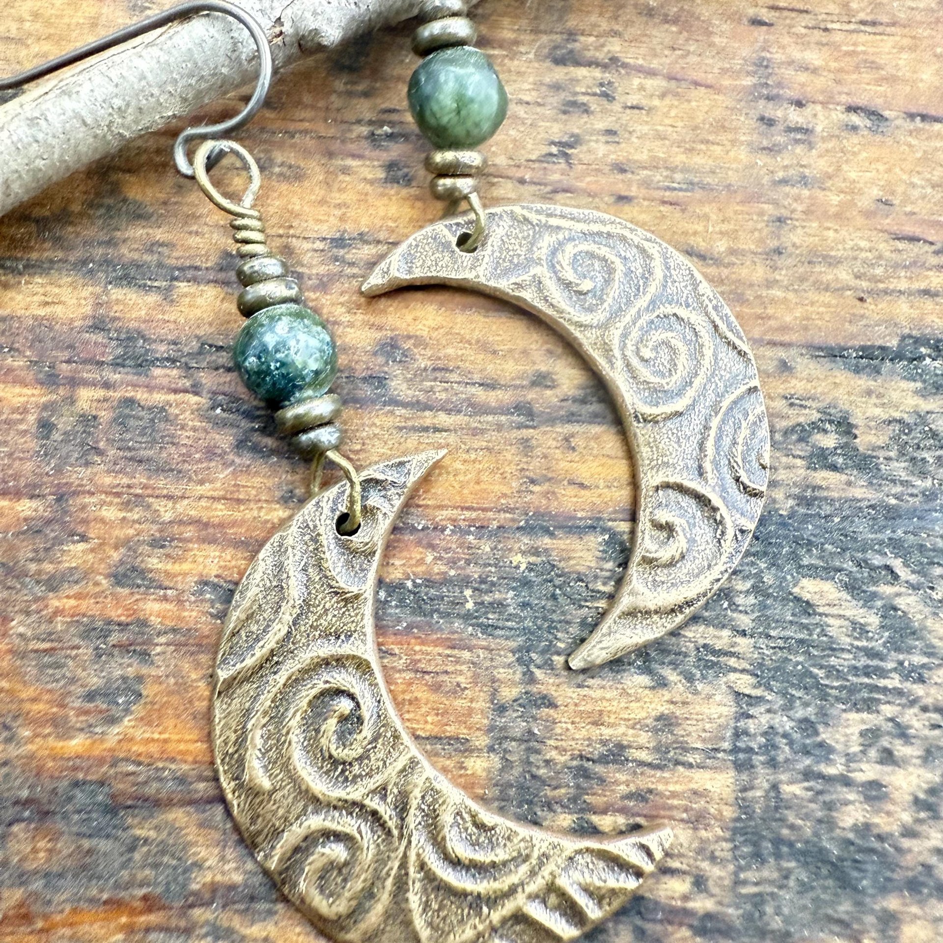 Crescent Moon Bronze Earrings, Connemara Marble Beads, Celtic Witch, Moon Goddess, Hypoallergenic, Pagan Witchy, Everyday Earrings