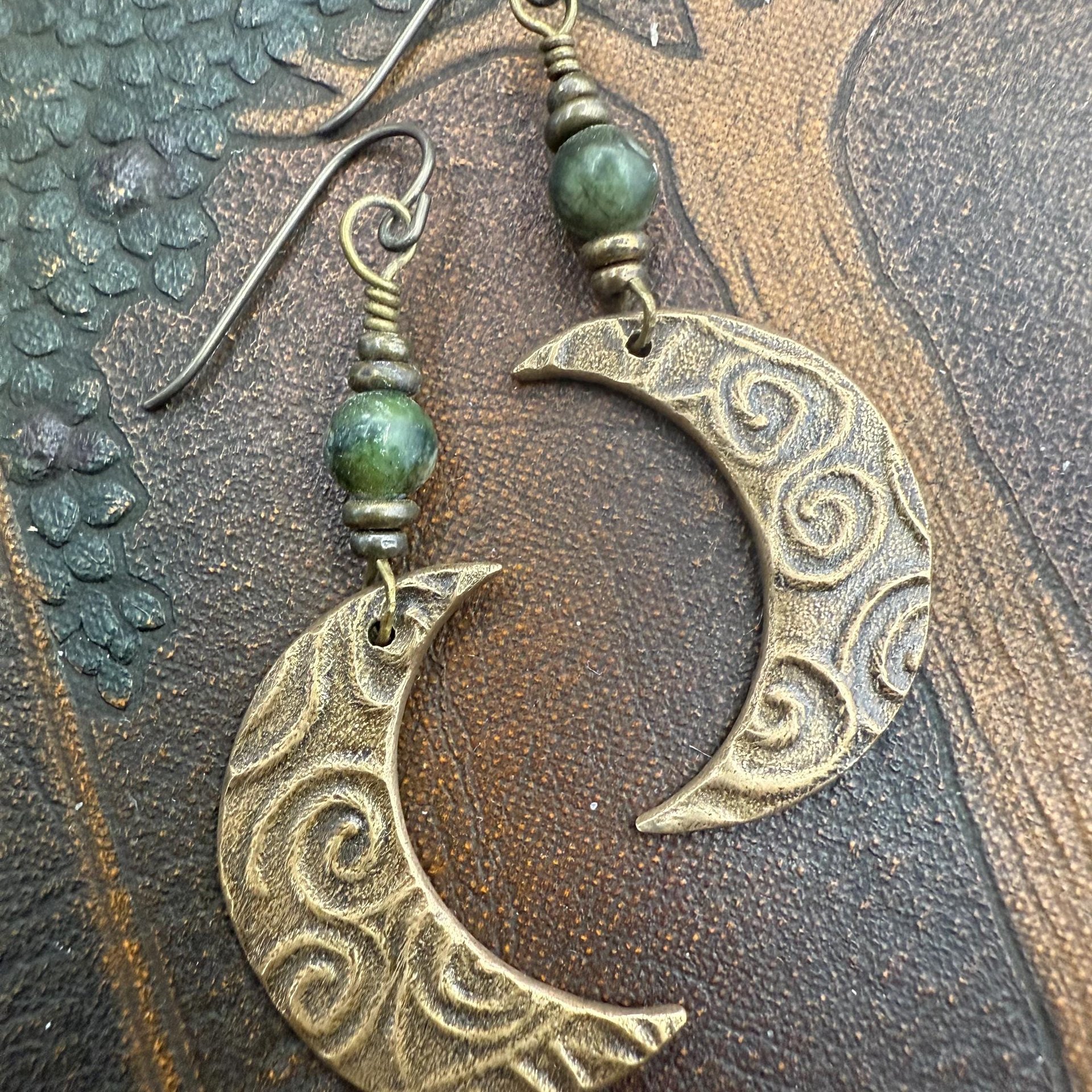 Crescent Moon Bronze Earrings, Connemara Marble Beads, Celtic Witch, Moon Goddess, Hypoallergenic, Pagan Witchy, Everyday Earrings