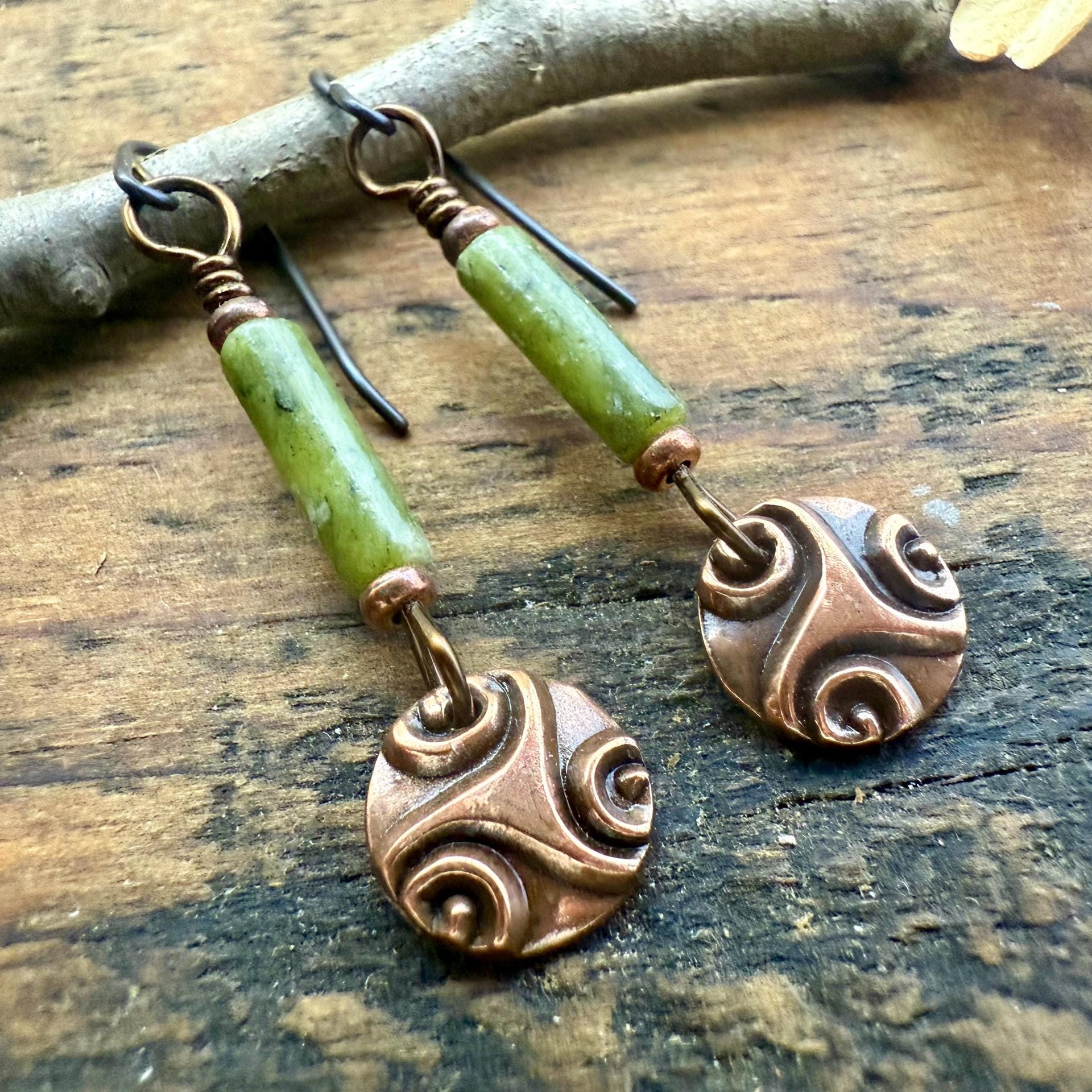 Triskele Copper Earrings, Triple Spirals, Triskelion, Connemara Marble, Irish Celtic Jewelry, Copper Disc Earrings, Hypoallergenic Earrings