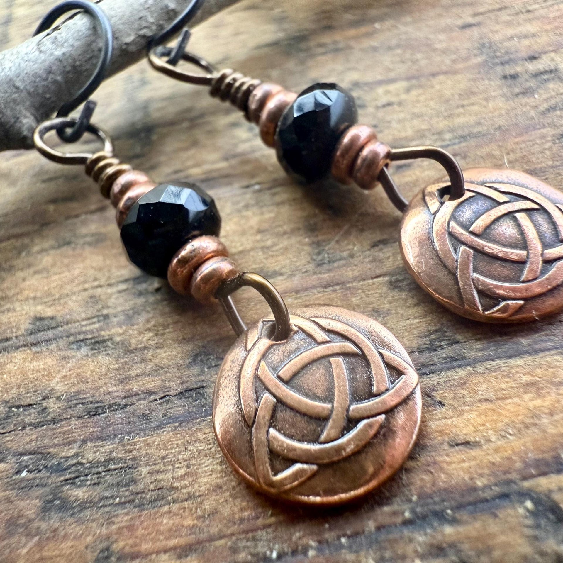 Handmade Copper Trinity Knot Earrings, Czech Glass Beads, Irish Celtic Jewelry, Hypoallergenic Ear Wires, Pagan, Light Everyday Earrings