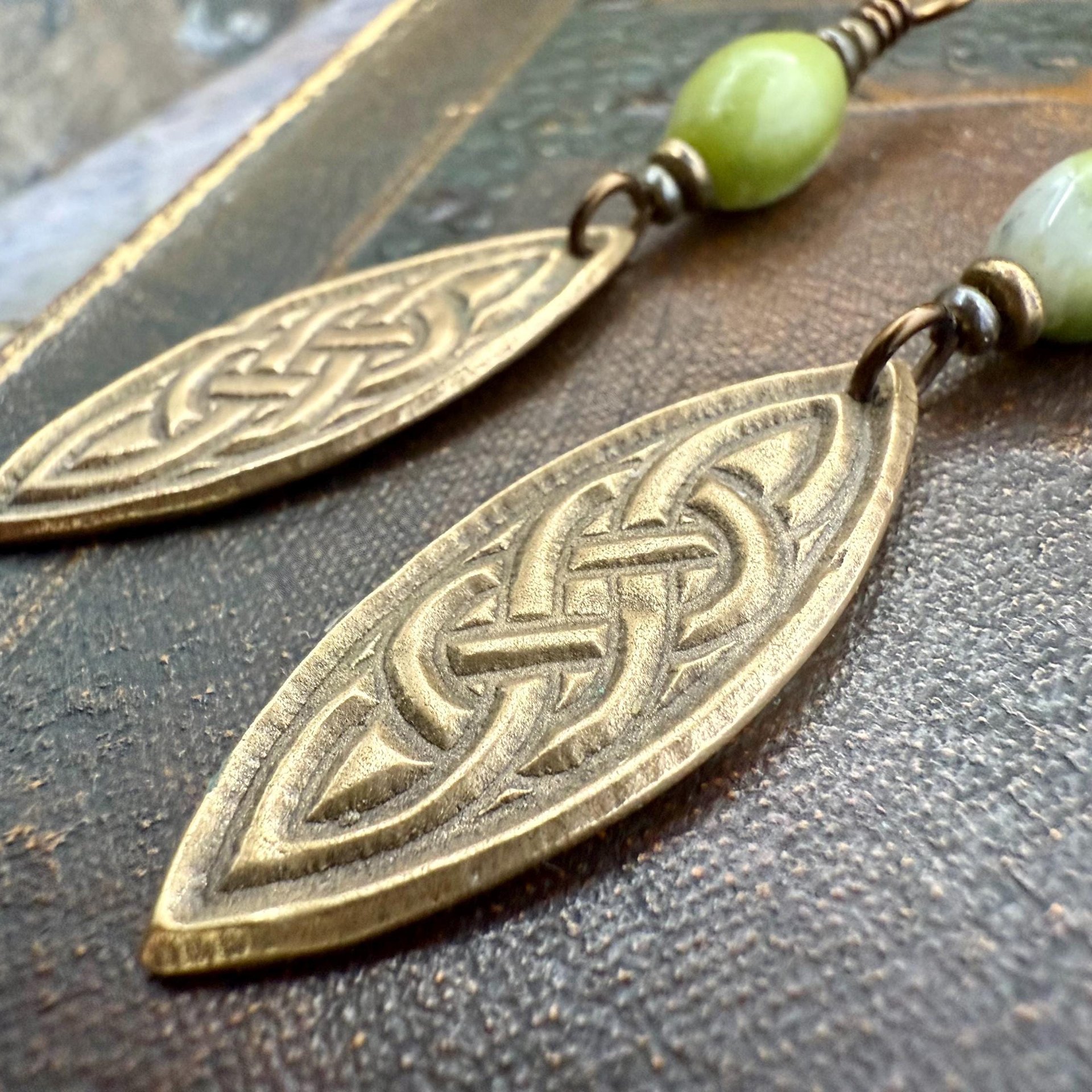 Celtic Knot Bronze Earrings, Irish Celtic Jewelry, Connemara Marble, Long Pointed Oval, Ireland, Handmade Art Jewelry, Celtic Pagan Witch