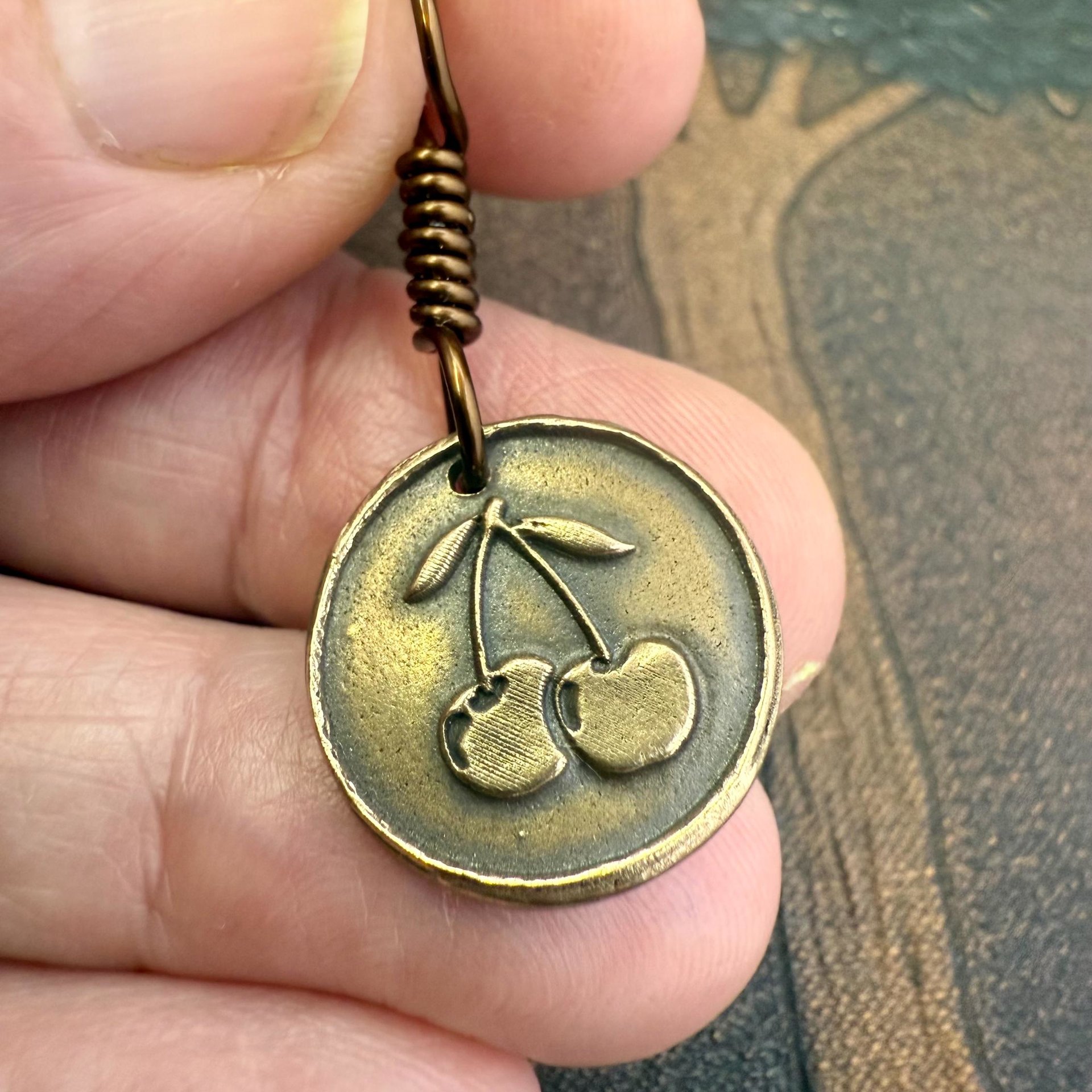 Bronze Cherry Charm, Door County Cherries, Handmade Bronze, Leather Vegan Cords, Wisconsin Cherry Trees, Souvenir Talisman of Door County