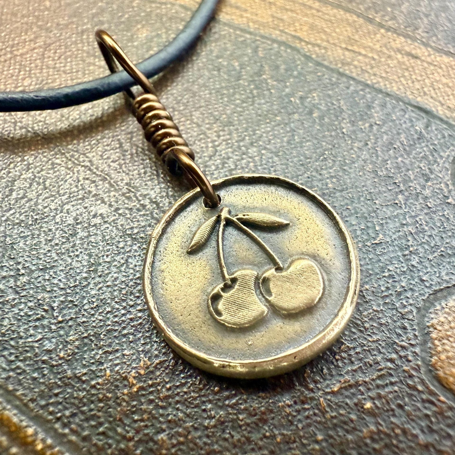 Bronze Cherry Charm, Door County Cherries, Handmade Bronze, Leather Vegan Cords, Wisconsin Cherry Trees, Souvenir Talisman of Door County
