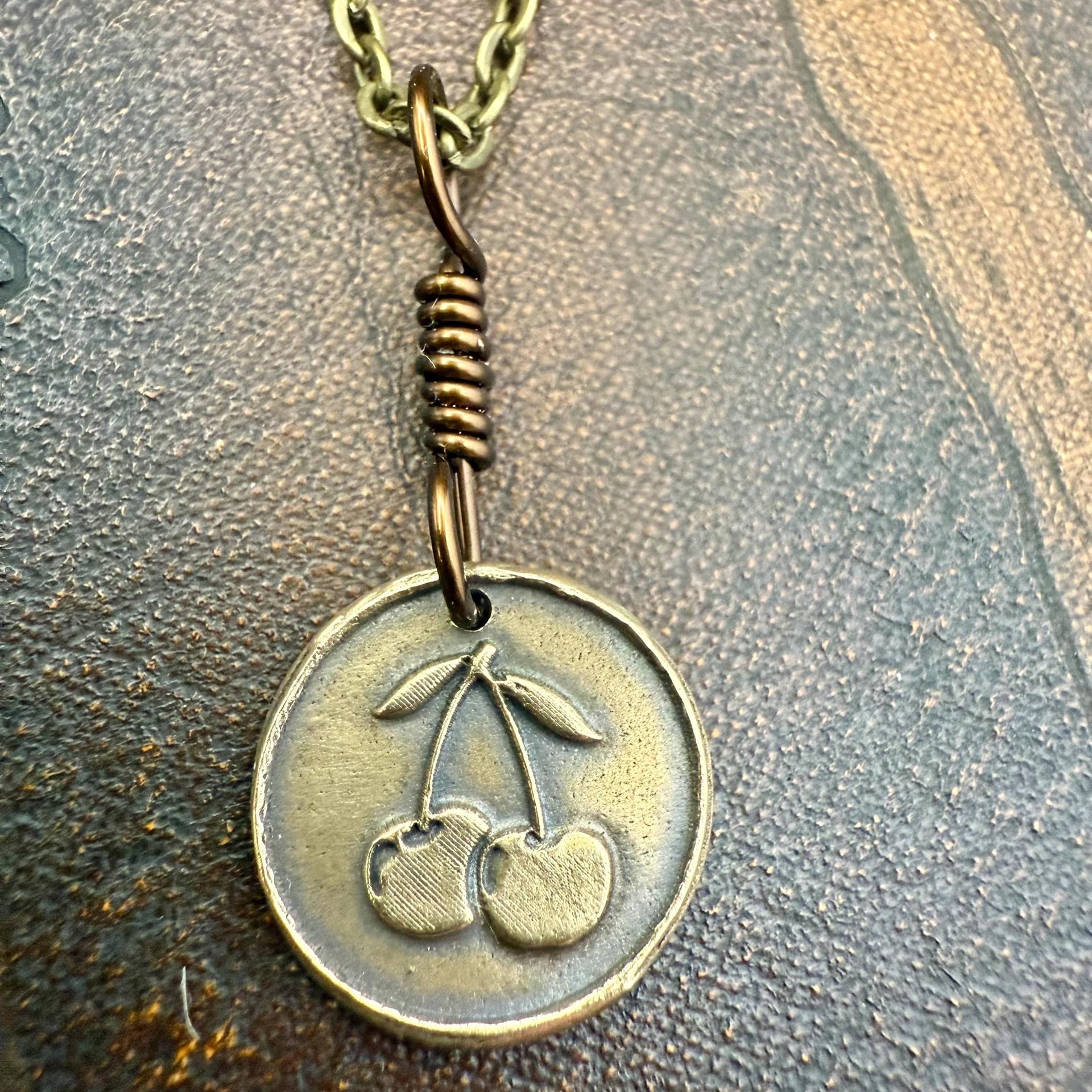 Bronze Cherry Charm, Door County Cherries, Handmade Bronze, Leather Vegan Cords, Wisconsin Cherry Trees, Souvenir Talisman of Door County