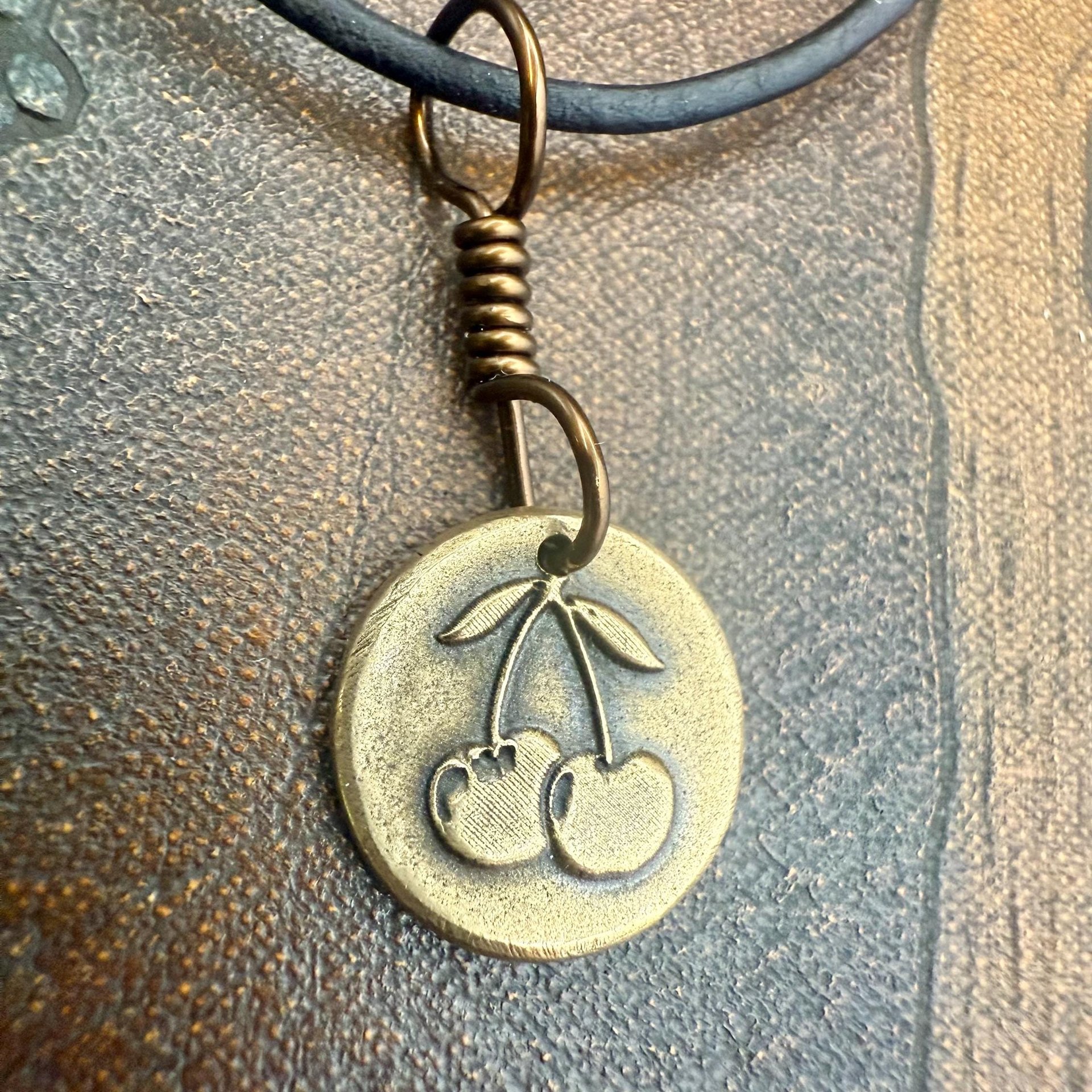 Bronze Cherry Charm, Door County Cherries, Handmade Bronze, Leather Vegan Cords, Wisconsin Cherry Trees, Souvenir Talisman of Door County