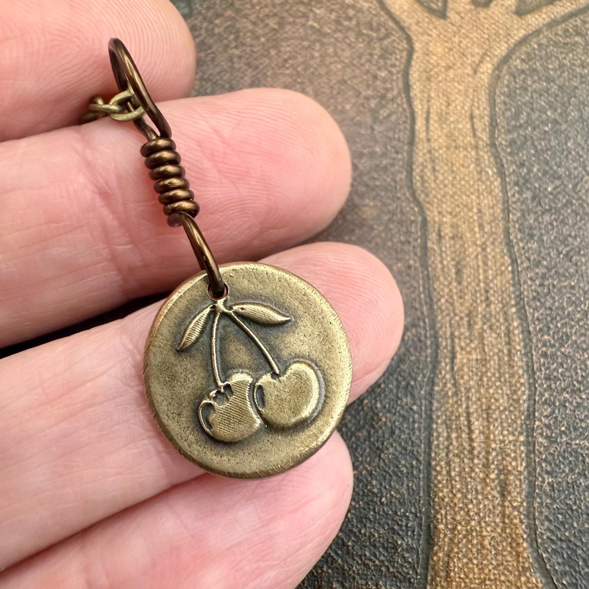 Bronze Cherry Charm, Door County Cherries, Handmade Bronze, Leather Vegan Cords, Wisconsin Cherry Trees, Souvenir Talisman of Door County